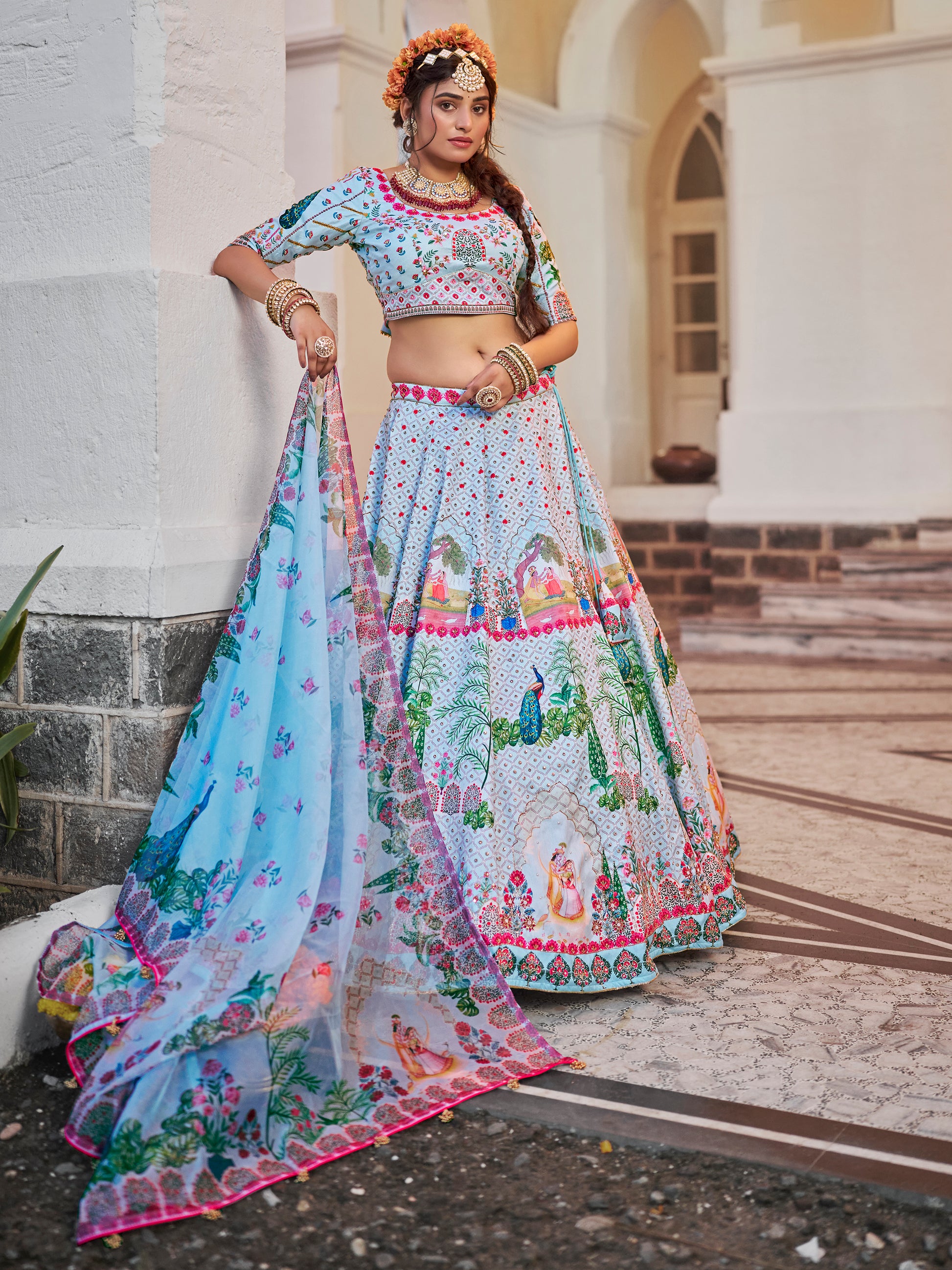 Wonderful Sky-Blue Printed Art Silk Traditional Lehenga Choli