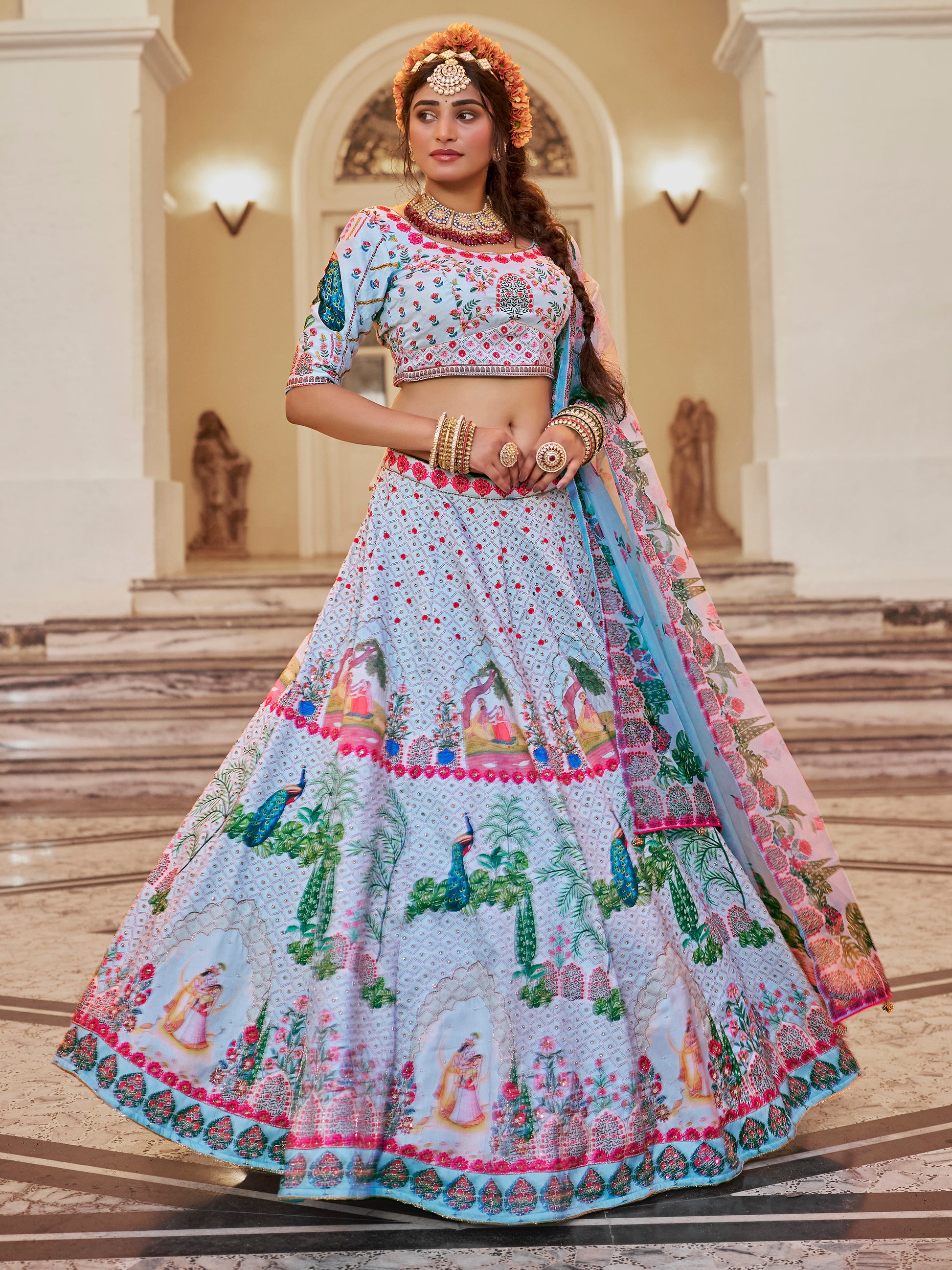 Wonderful Sky-Blue Printed Art Silk Traditional Lehenga Choli