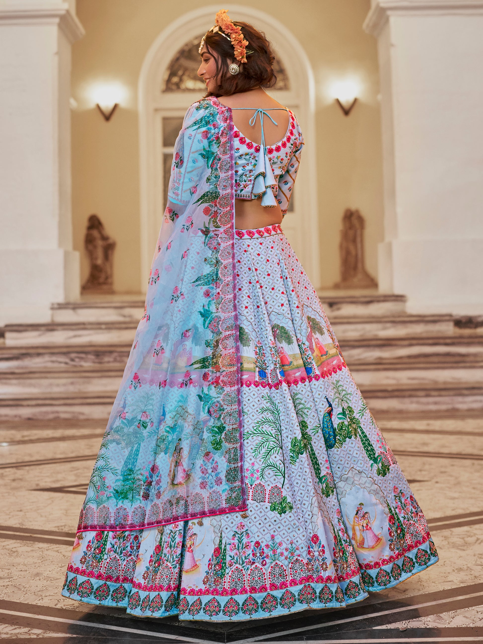 Wonderful Sky-Blue Printed Art Silk Traditional Lehenga Choli