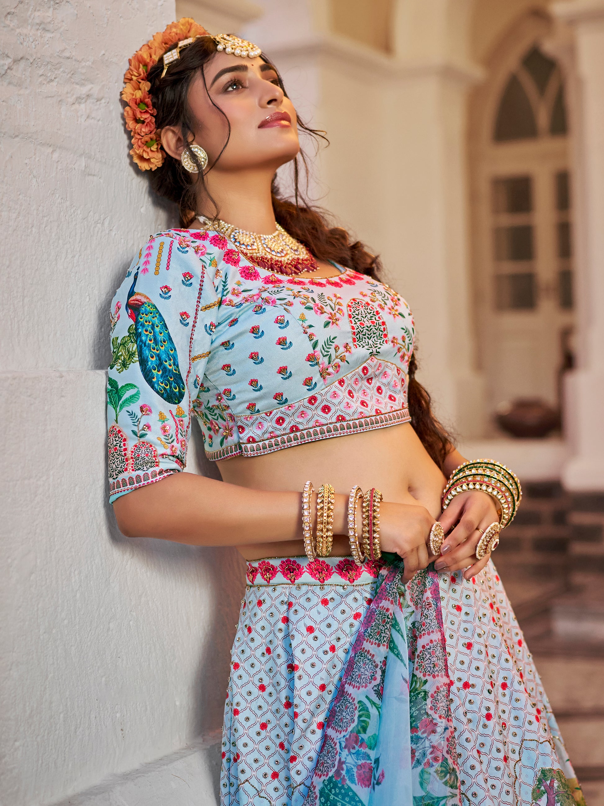 Wonderful Sky-Blue Printed Art Silk Traditional Lehenga Choli