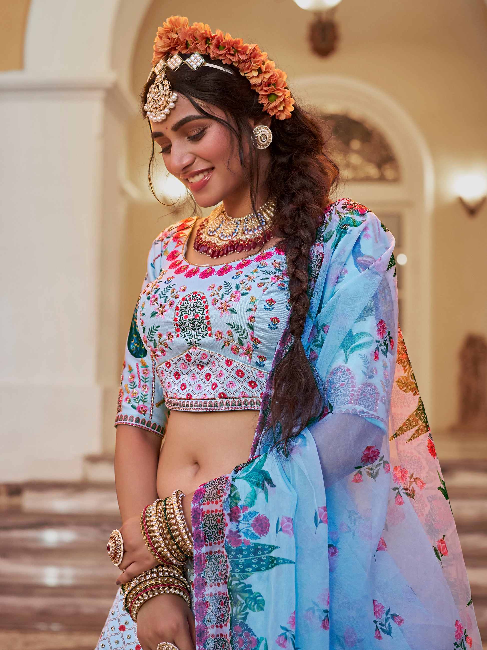 Wonderful Sky-Blue Printed Art Silk Traditional Lehenga Choli