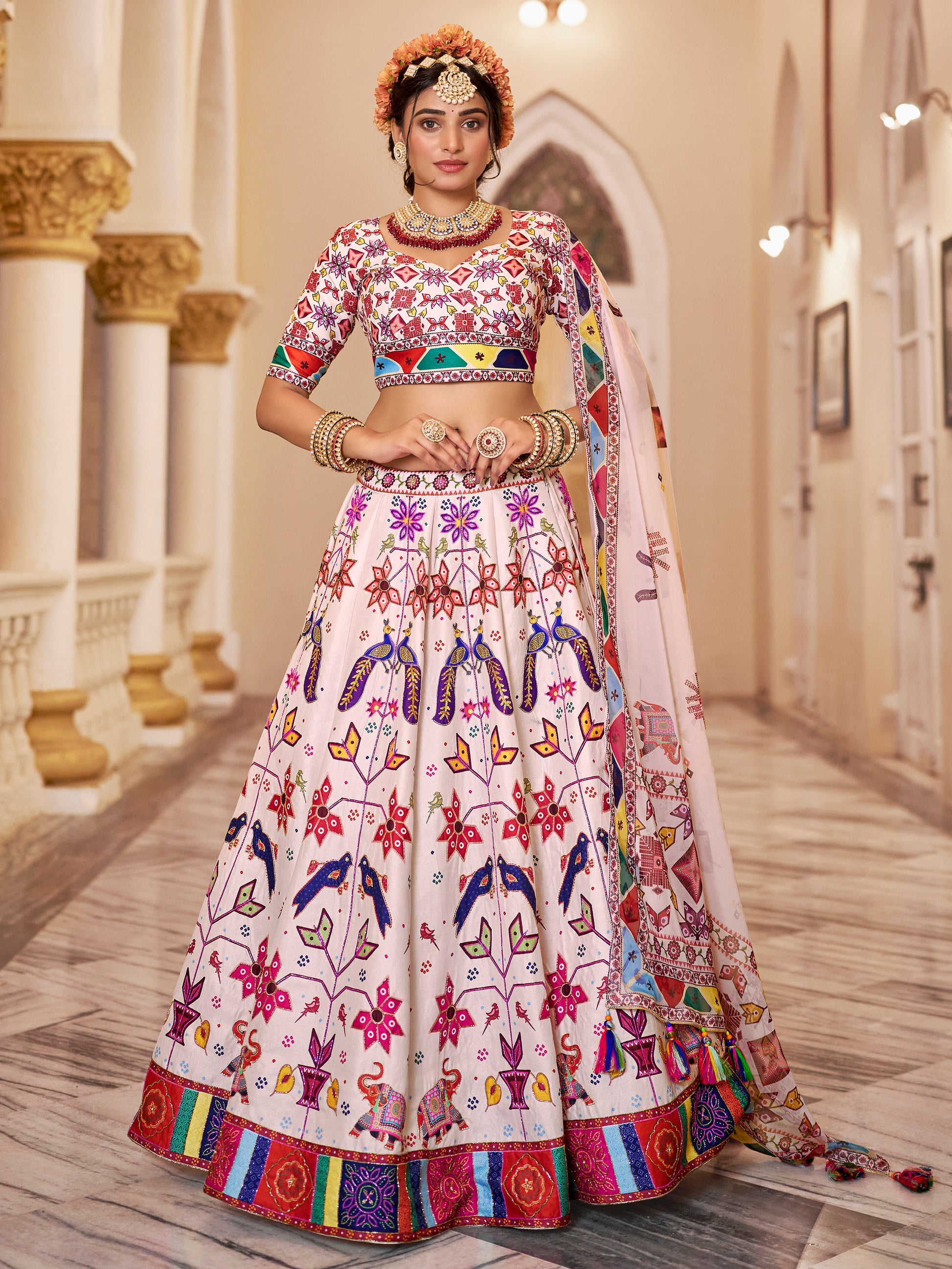 Awesome Off-White Printed Art Silk Festive Wear Lehenga Choli With Dupatta