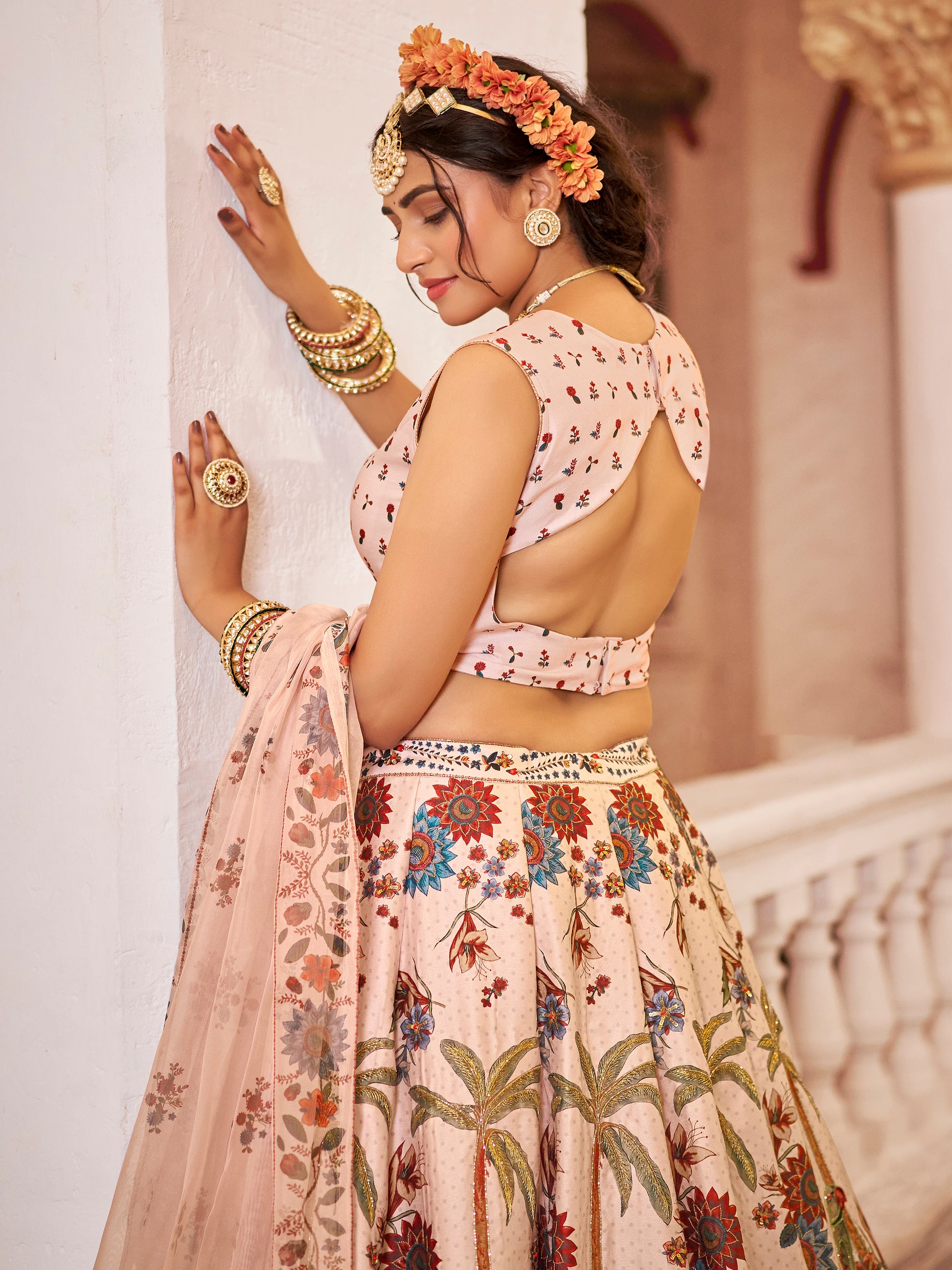 Beautiful Off-White Floral Printed Art Silk Wedding Wear Lehenga Choli