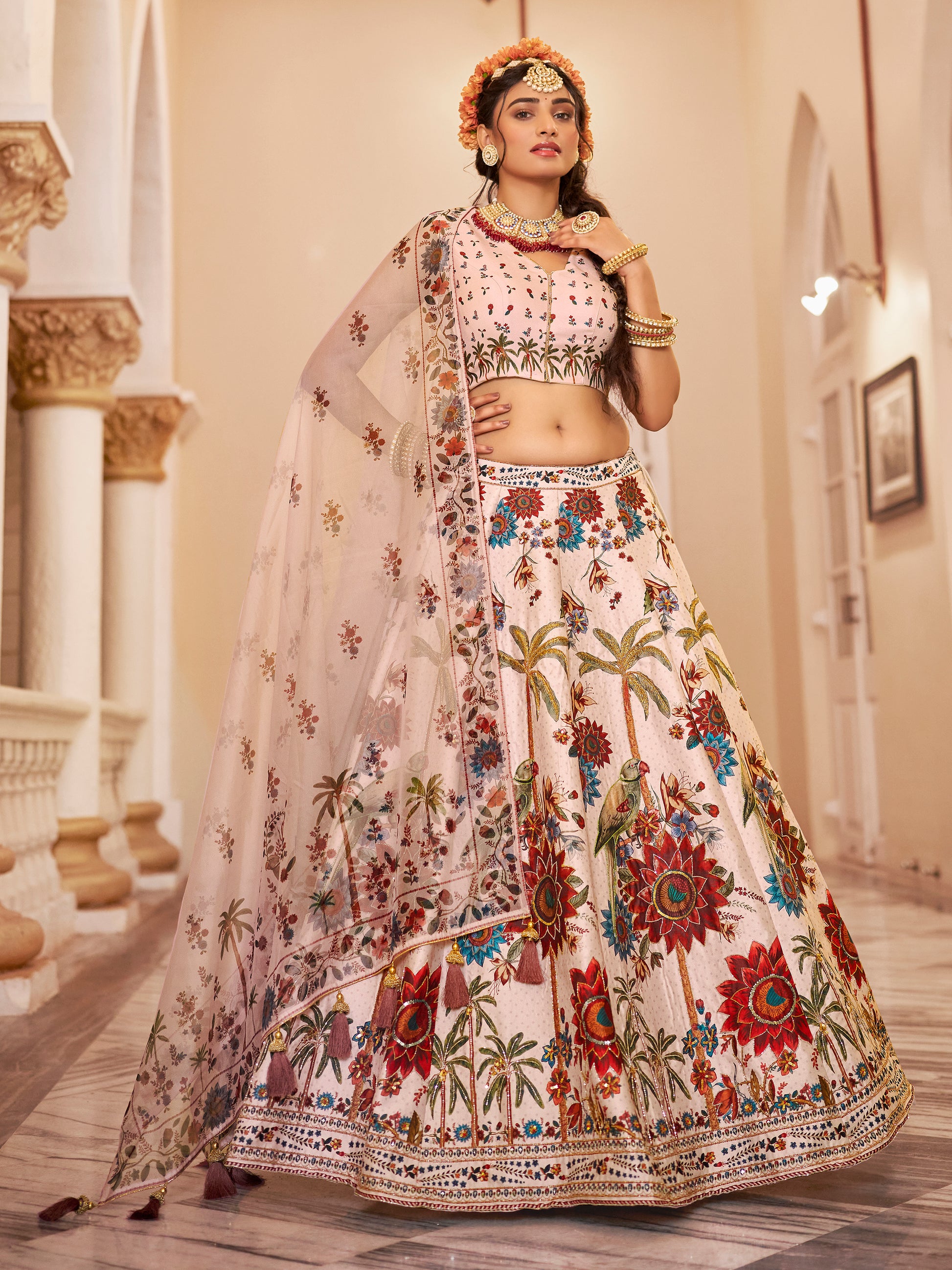 Beautiful Off-White Floral Printed Art Silk Wedding Wear Lehenga Choli