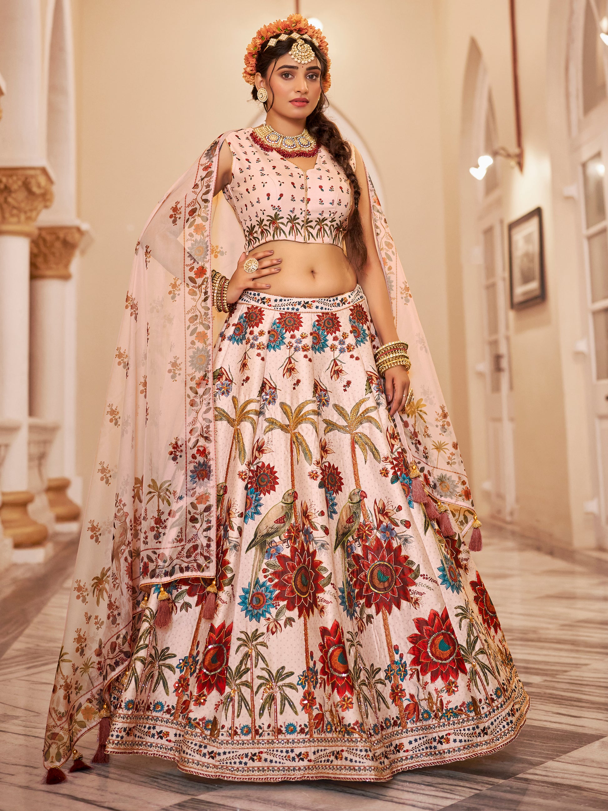 Beautiful Off-White Floral Printed Art Silk Wedding Wear Lehenga Choli