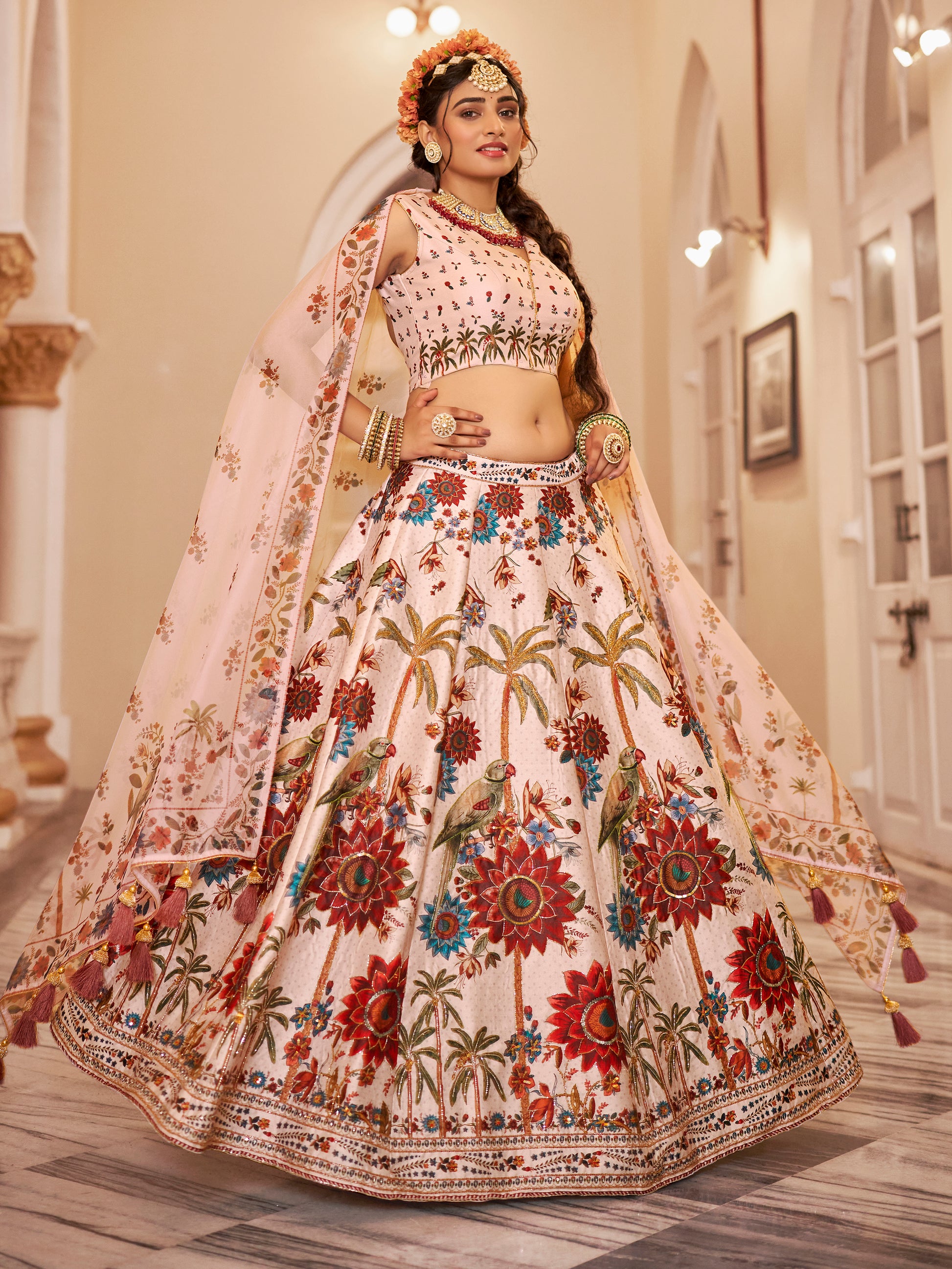 Beautiful Off-White Floral Printed Art Silk Wedding Wear Lehenga Choli