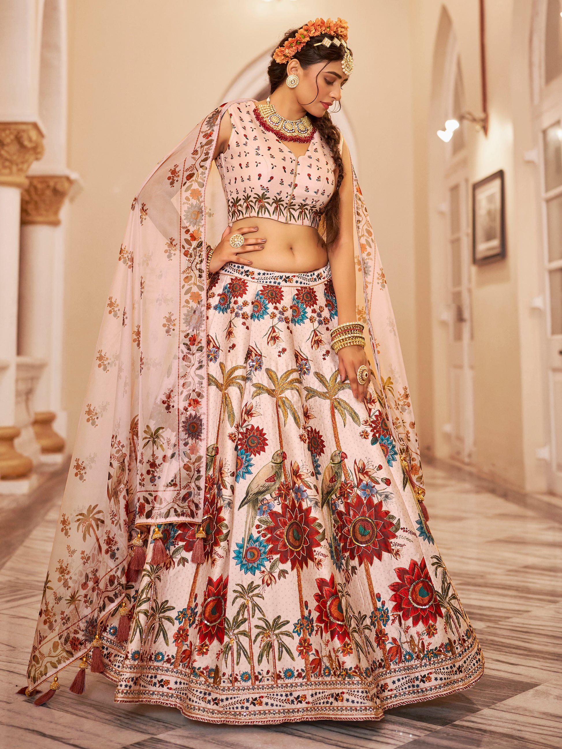 Beautiful Off-White Floral Printed Art Silk Wedding Wear Lehenga Choli