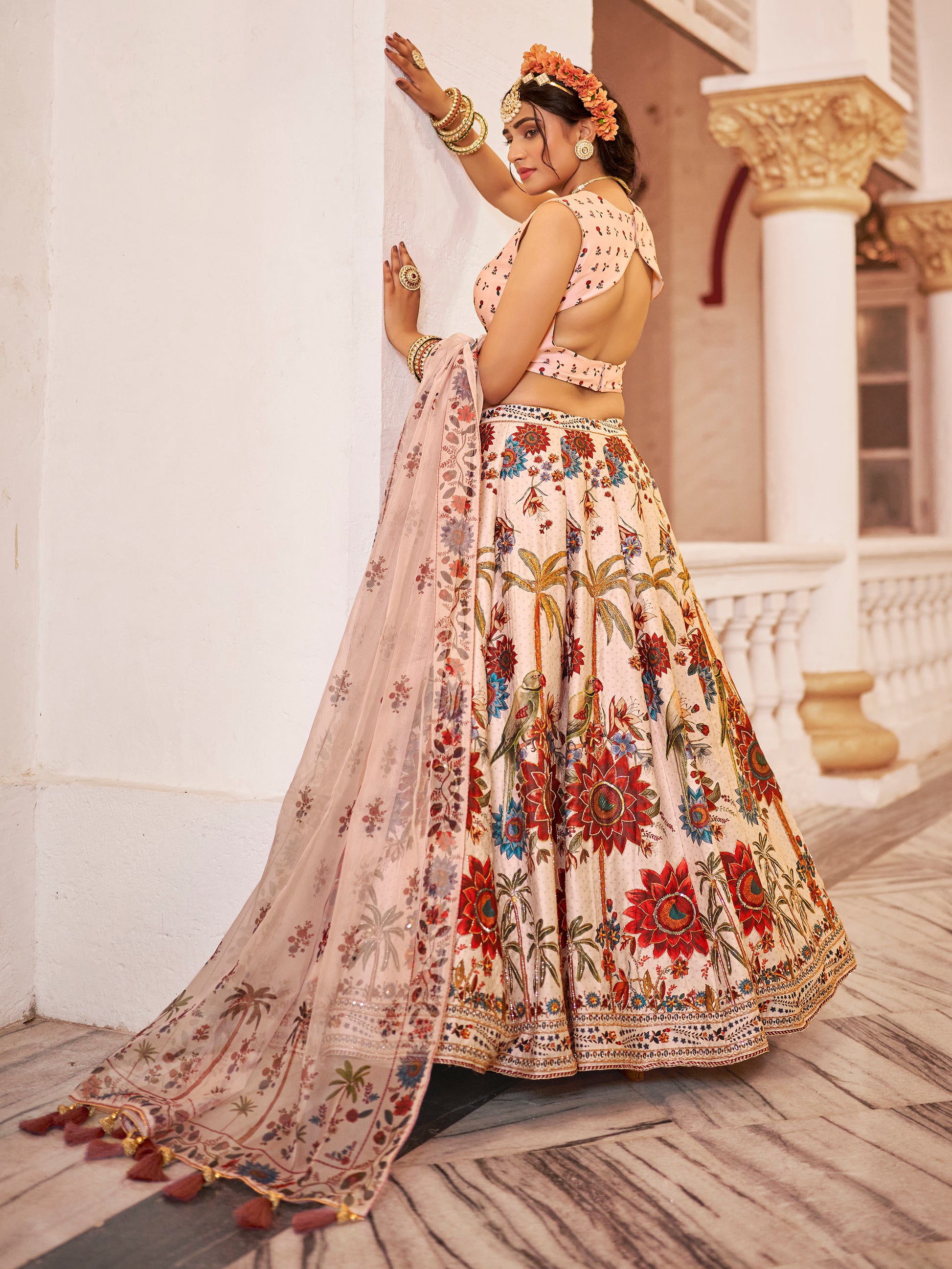 Beautiful Off-White Floral Printed Art Silk Wedding Wear Lehenga Choli