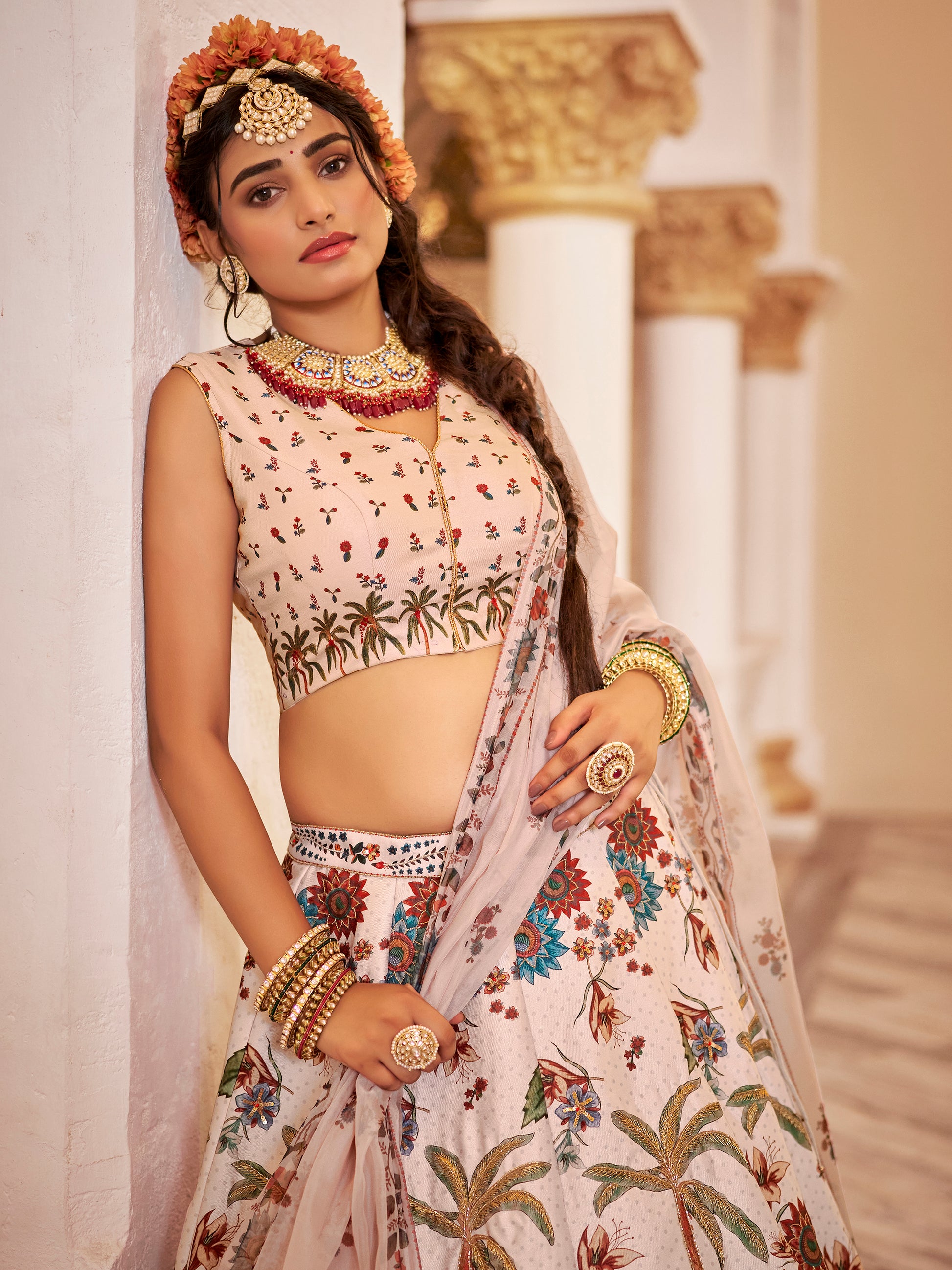 Beautiful Off-White Floral Printed Art Silk Wedding Wear Lehenga Choli