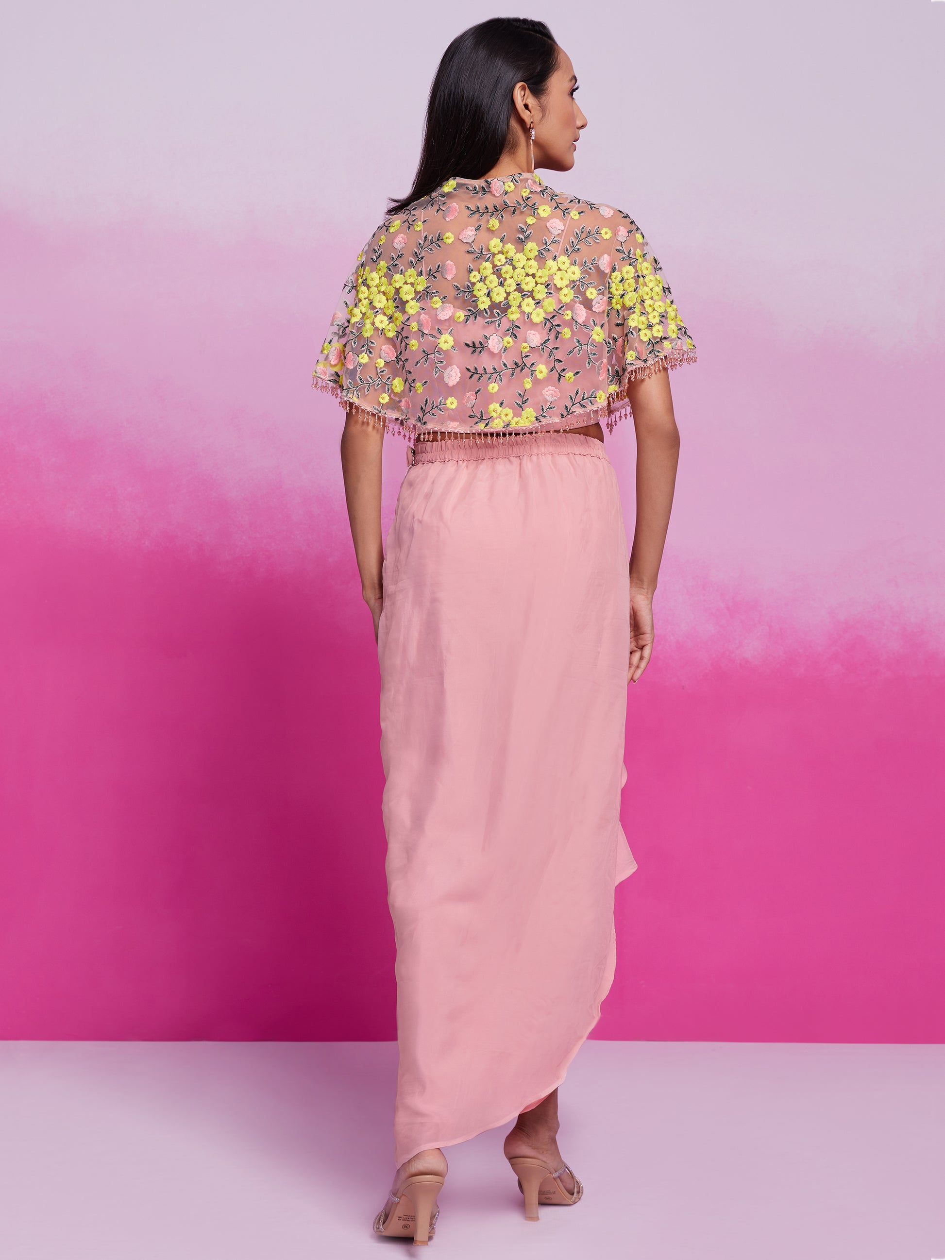 Enchanting Peach Embroidery Organza Party Wear Crop Top With Cape