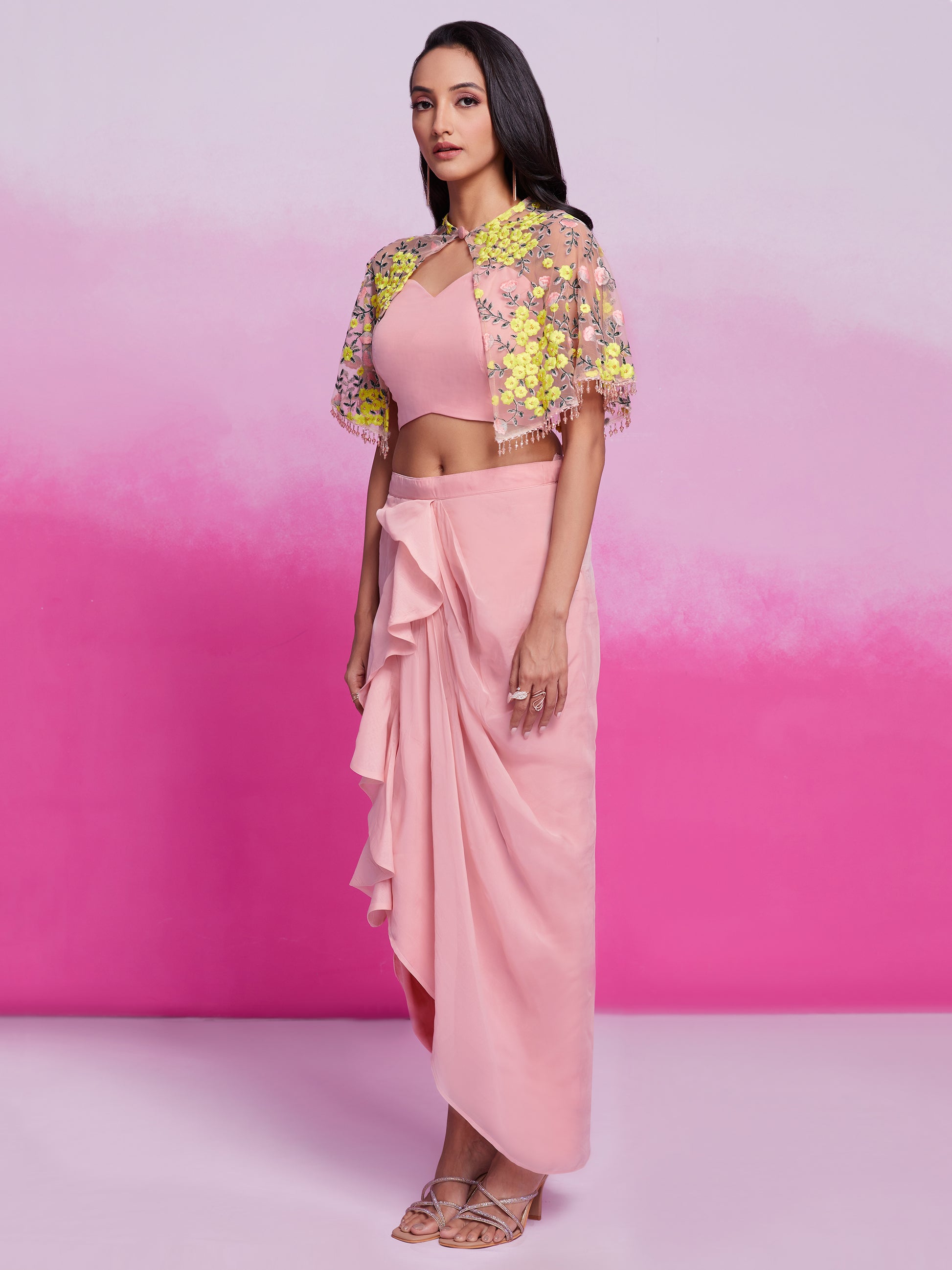 Enchanting Peach Embroidery Organza Party Wear Crop Top With Cape