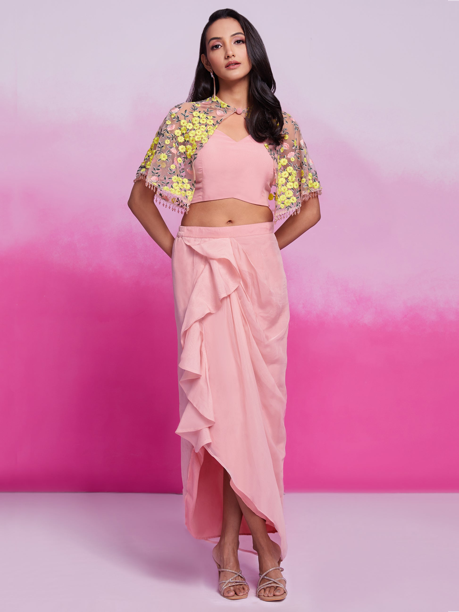 Enchanting Peach Embroidery Organza Party Wear Crop Top With Cape