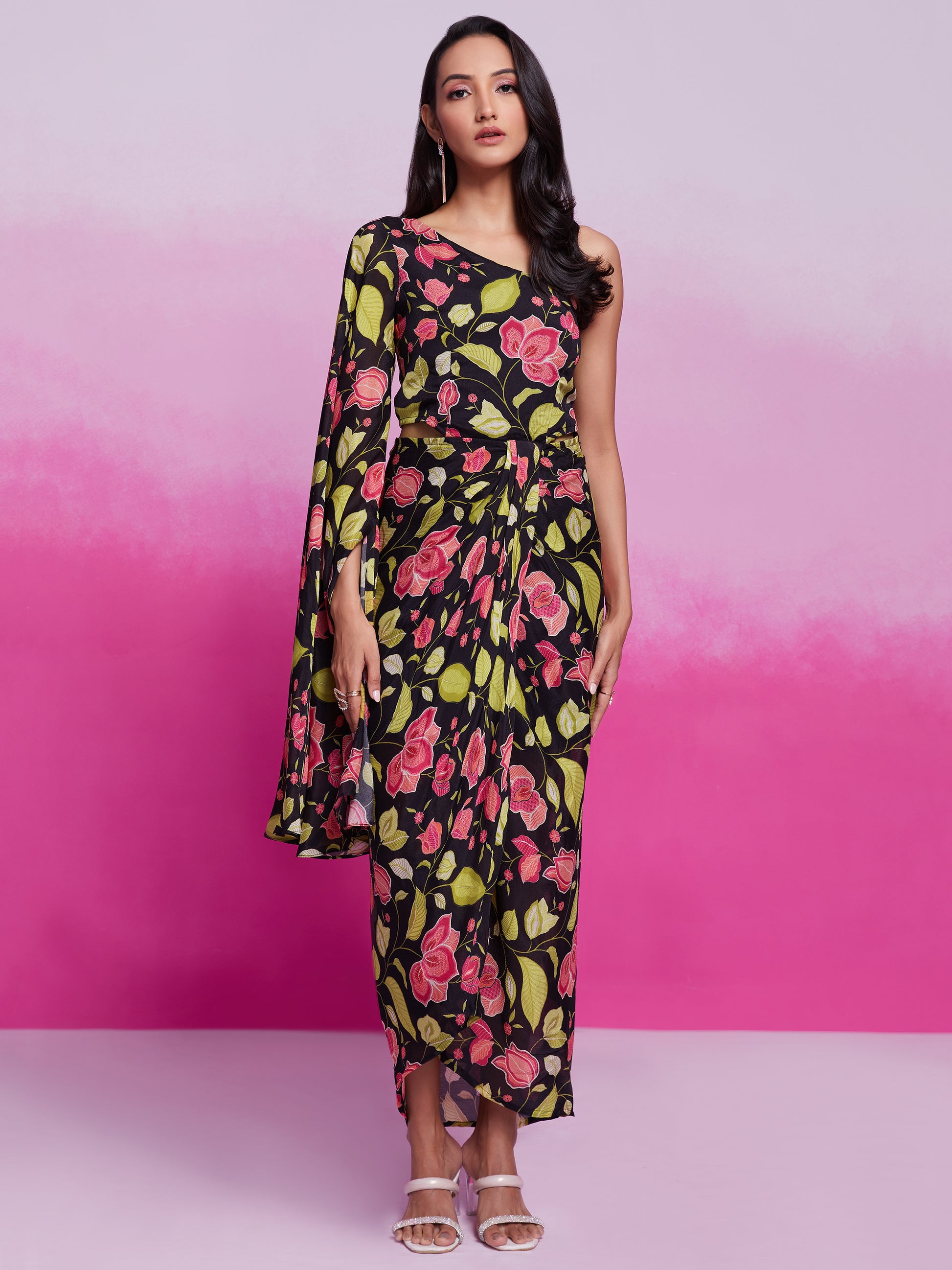 Stunning Black Floral Printed Chinon Silk Western Dress