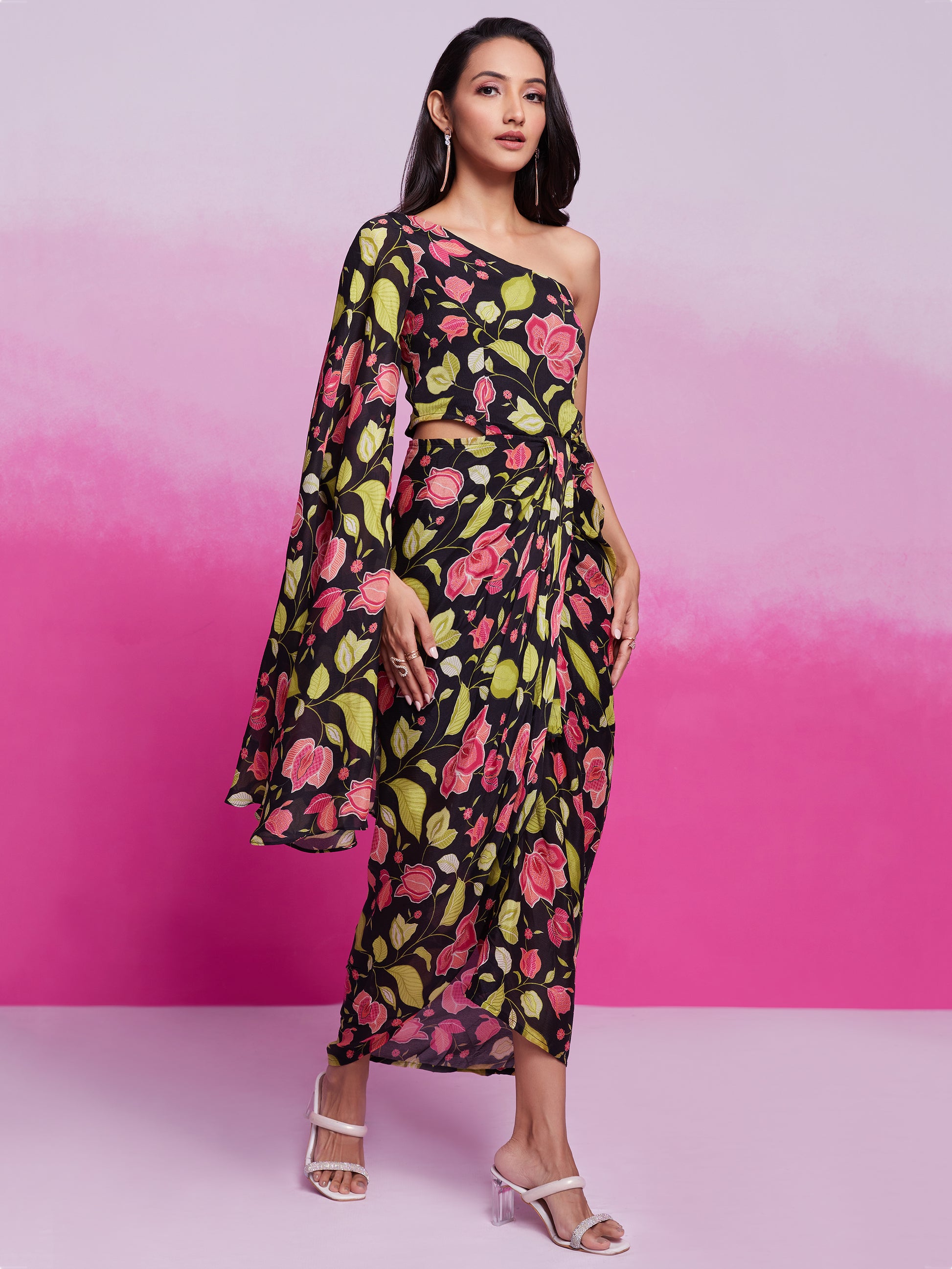 Stunning Black Floral Printed Chinon Silk Western Dress