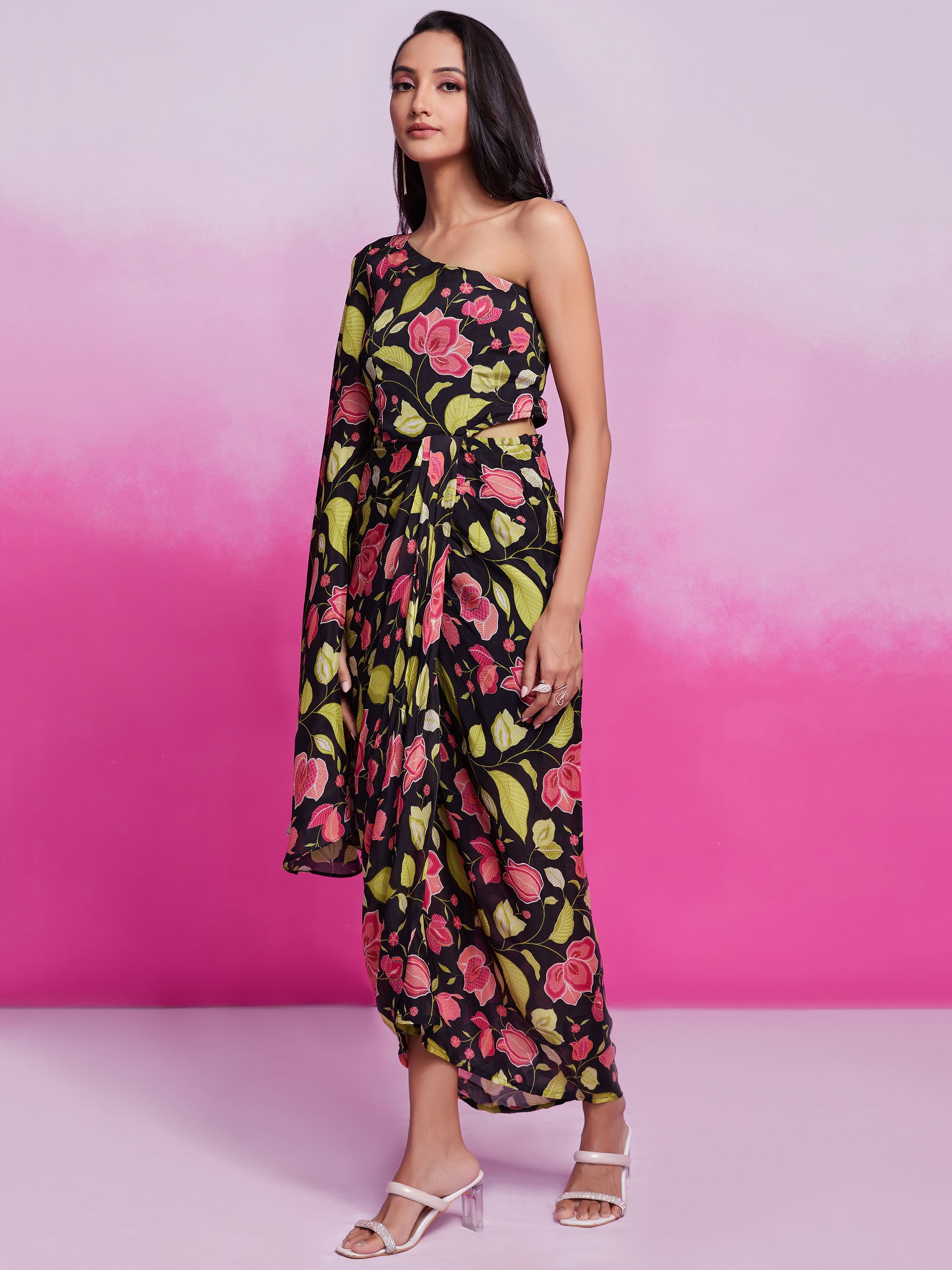Stunning Black Floral Printed Chinon Silk Western Dress