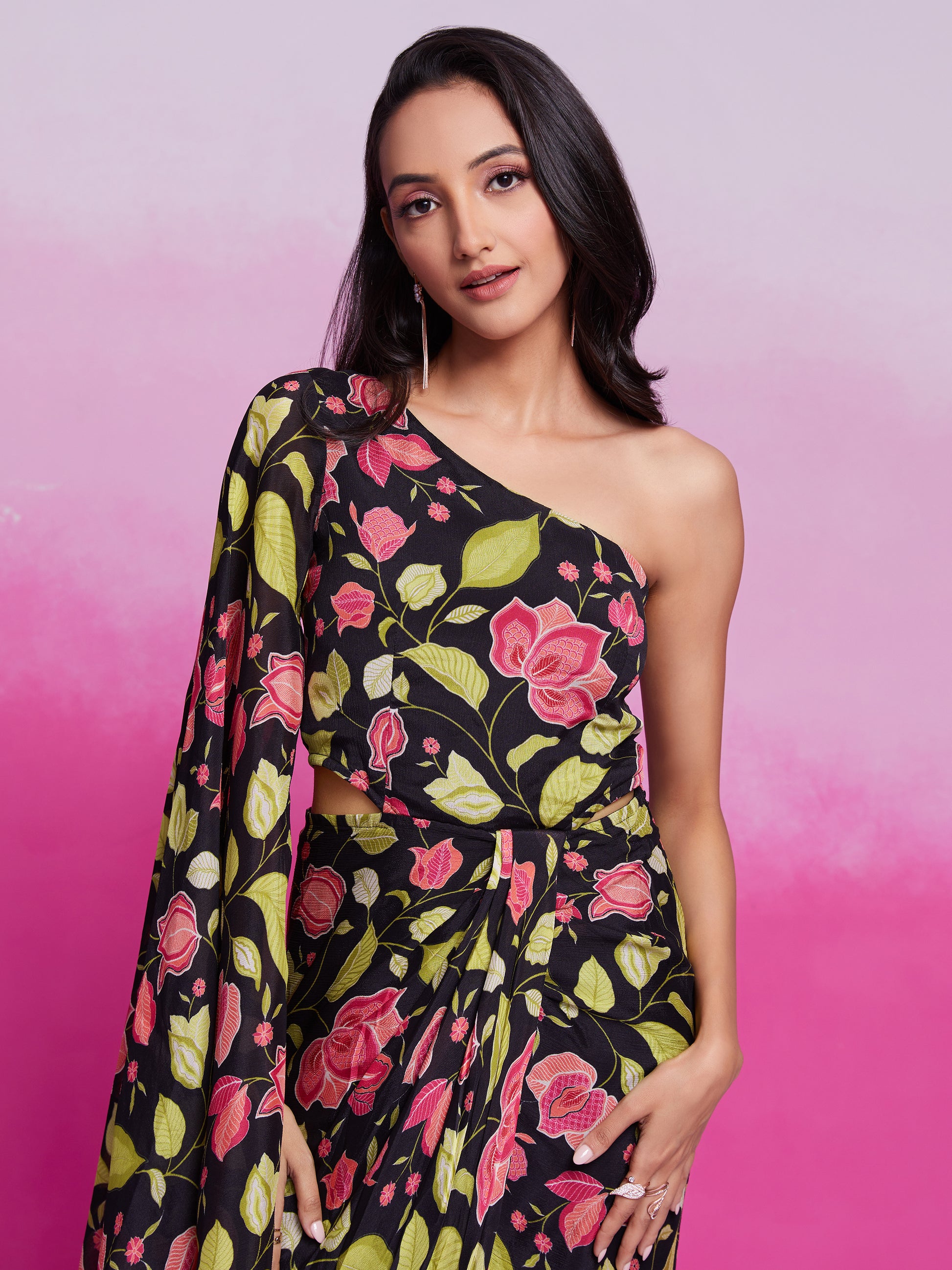 Stunning Black Floral Printed Chinon Silk Western Dress