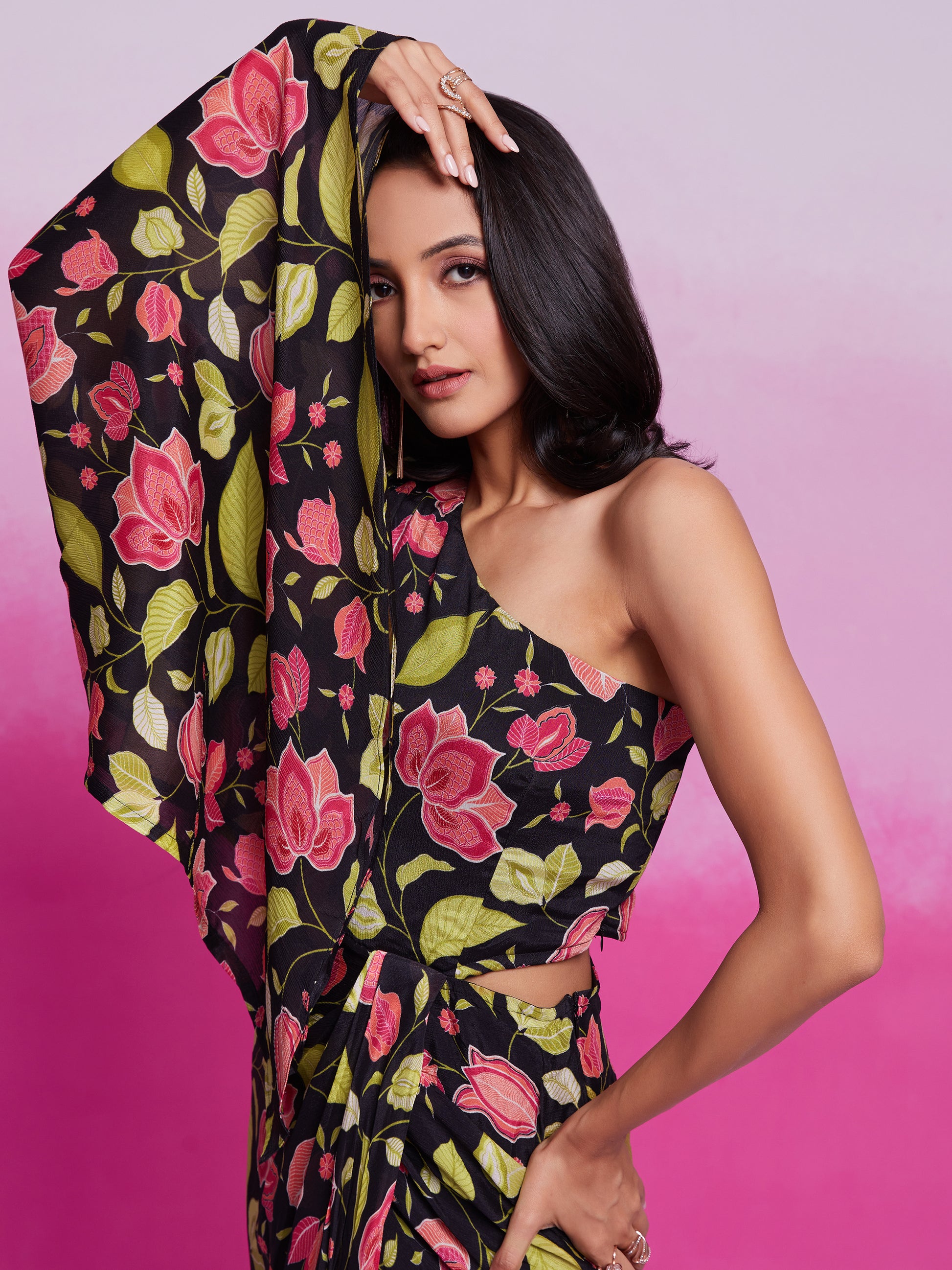 Stunning Black Floral Printed Chinon Silk Western Dress