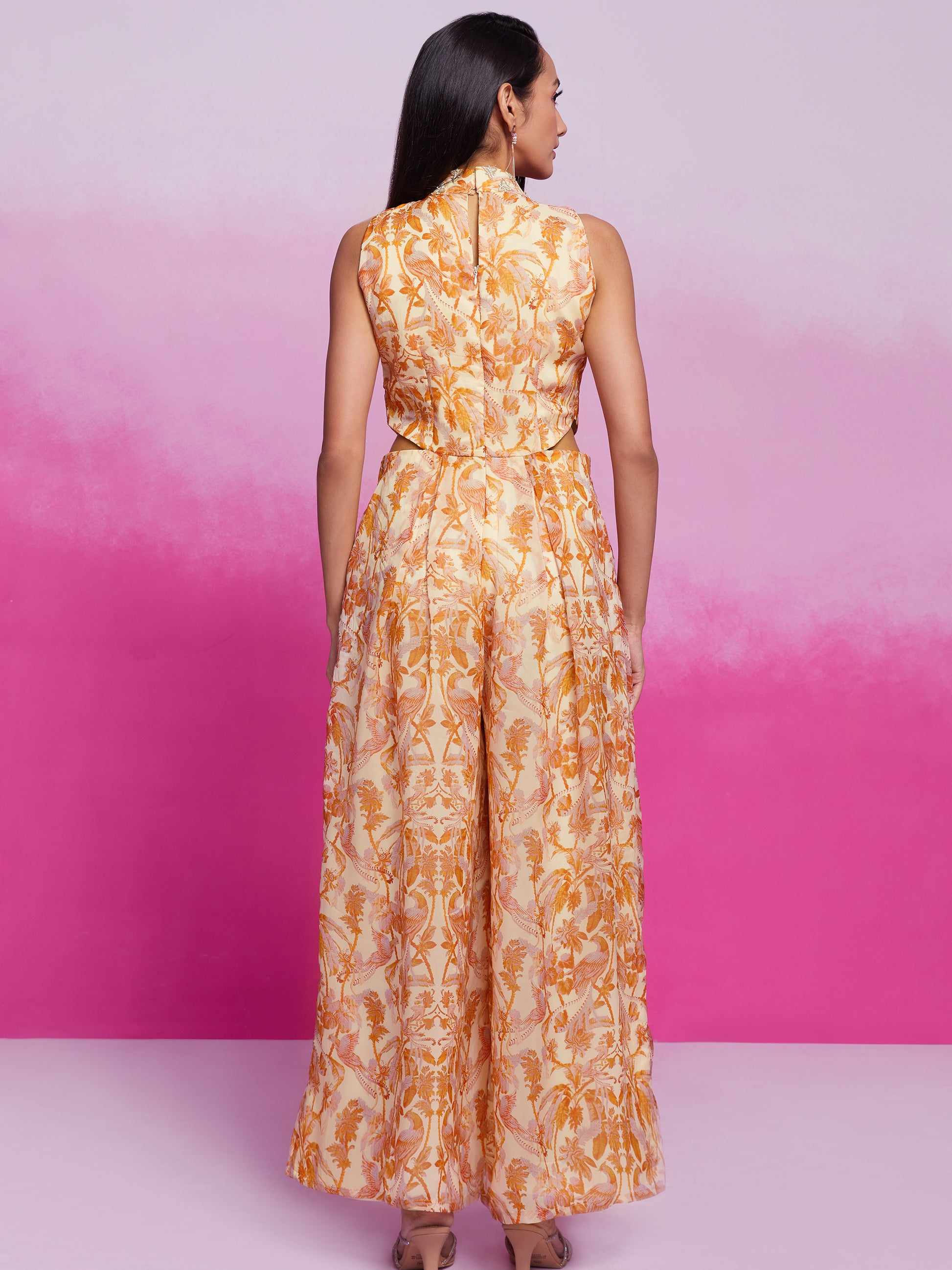 Excellent Cream Printed Organza Silk Western Wear Jump Suit