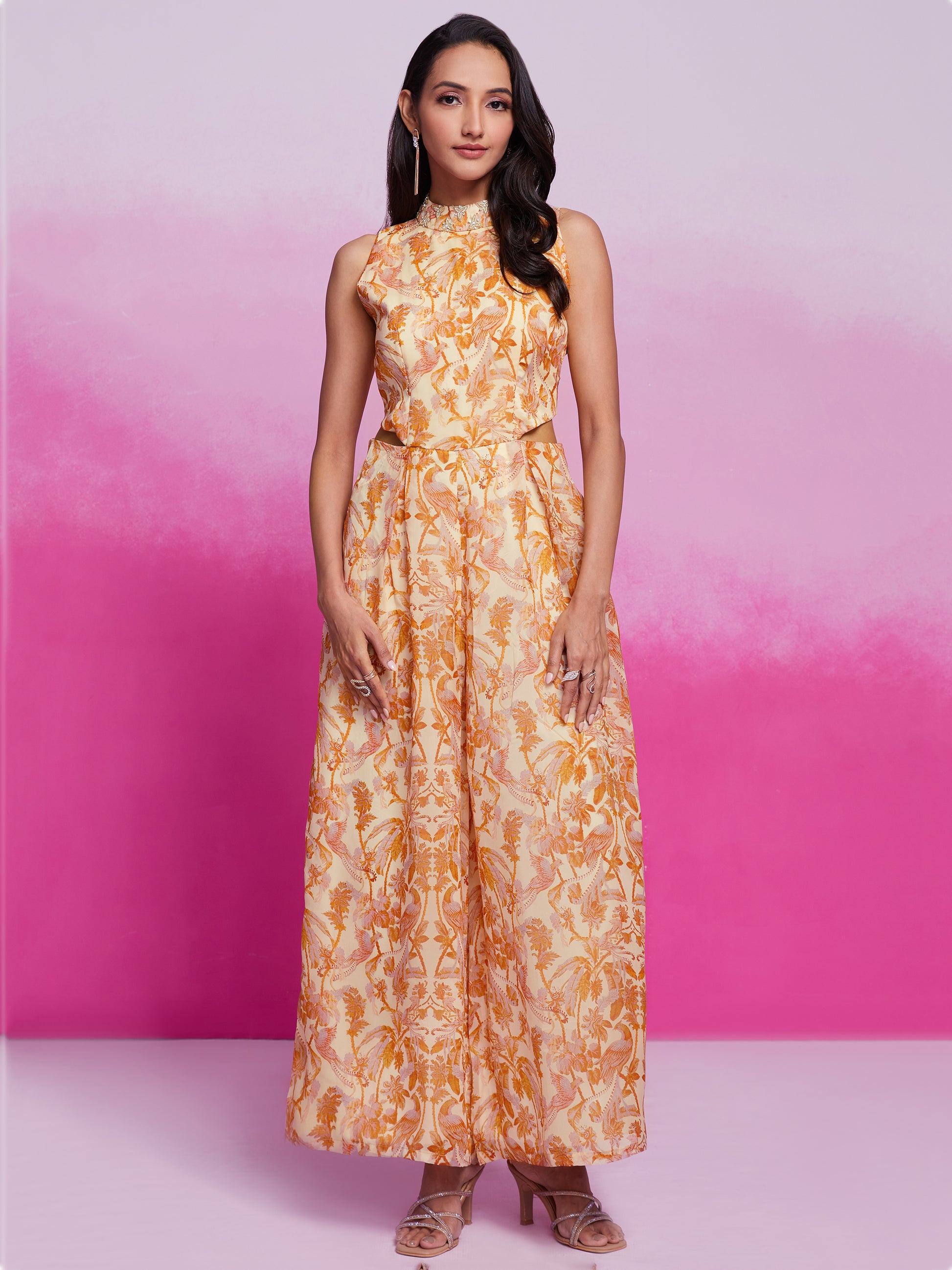Excellent Cream Printed Organza Silk Western Wear Jump Suit