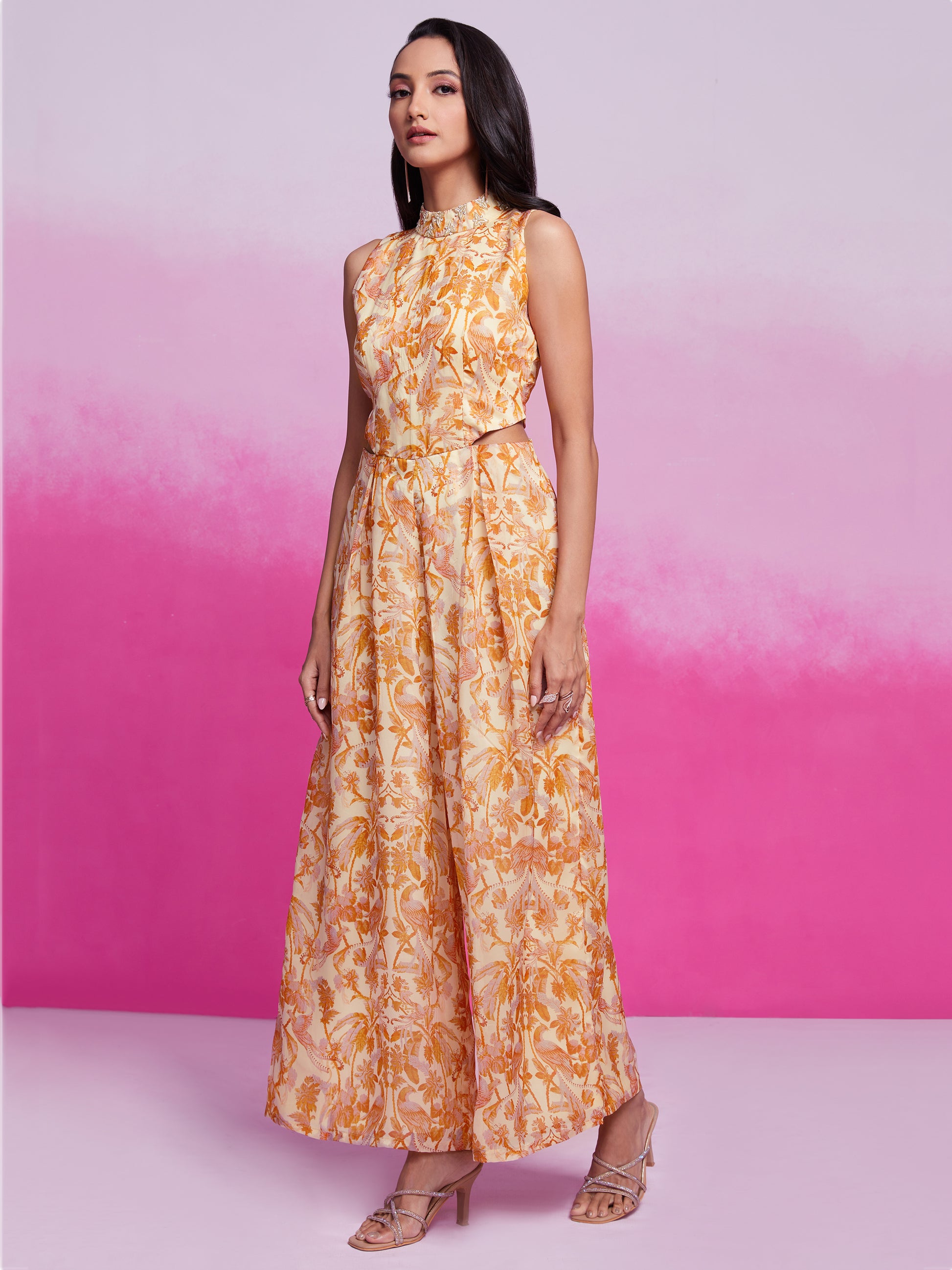 Excellent Cream Printed Organza Silk Western Wear Jump Suit