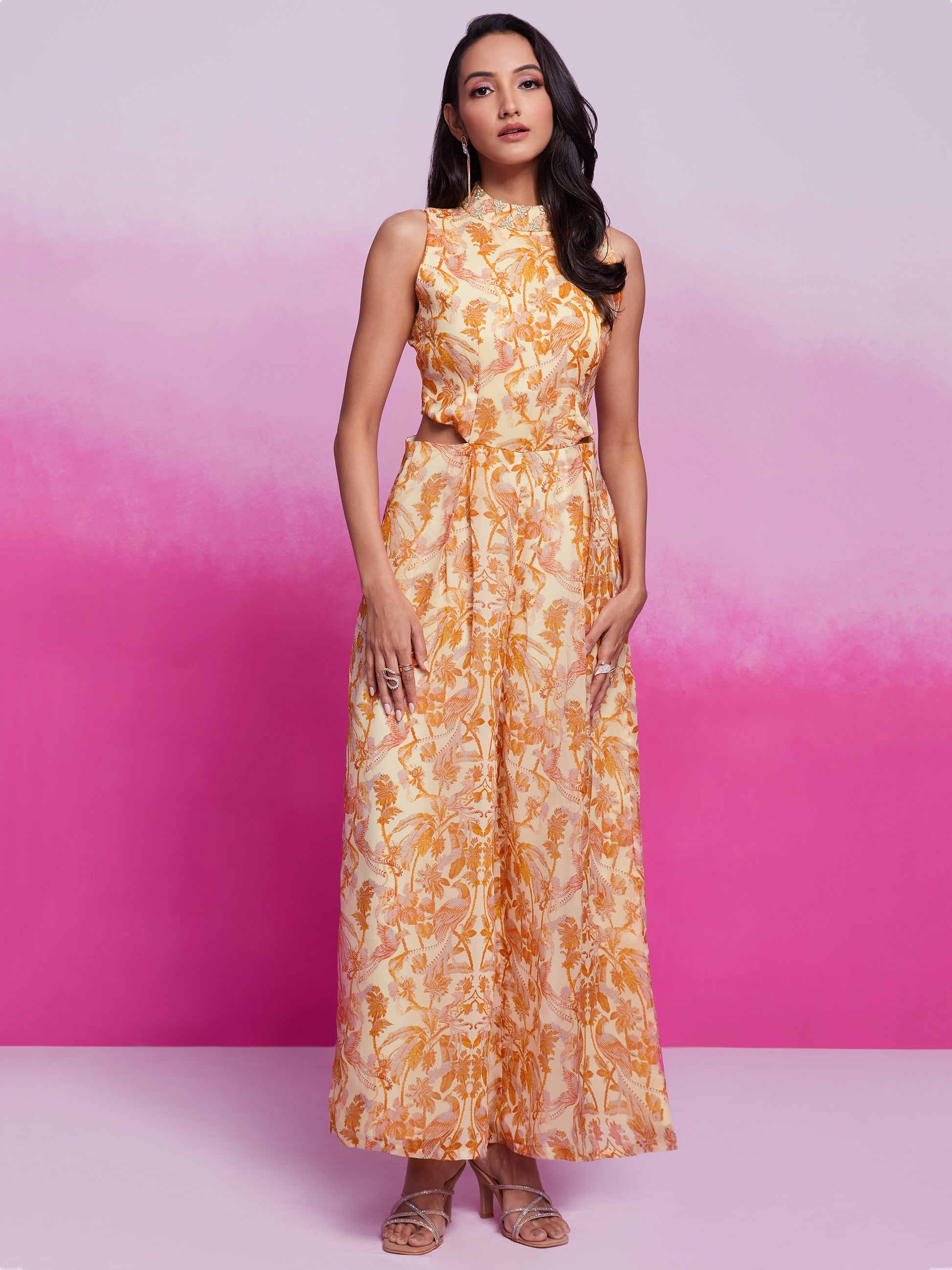 Excellent Cream Printed Organza Silk Western Wear Jump Suit