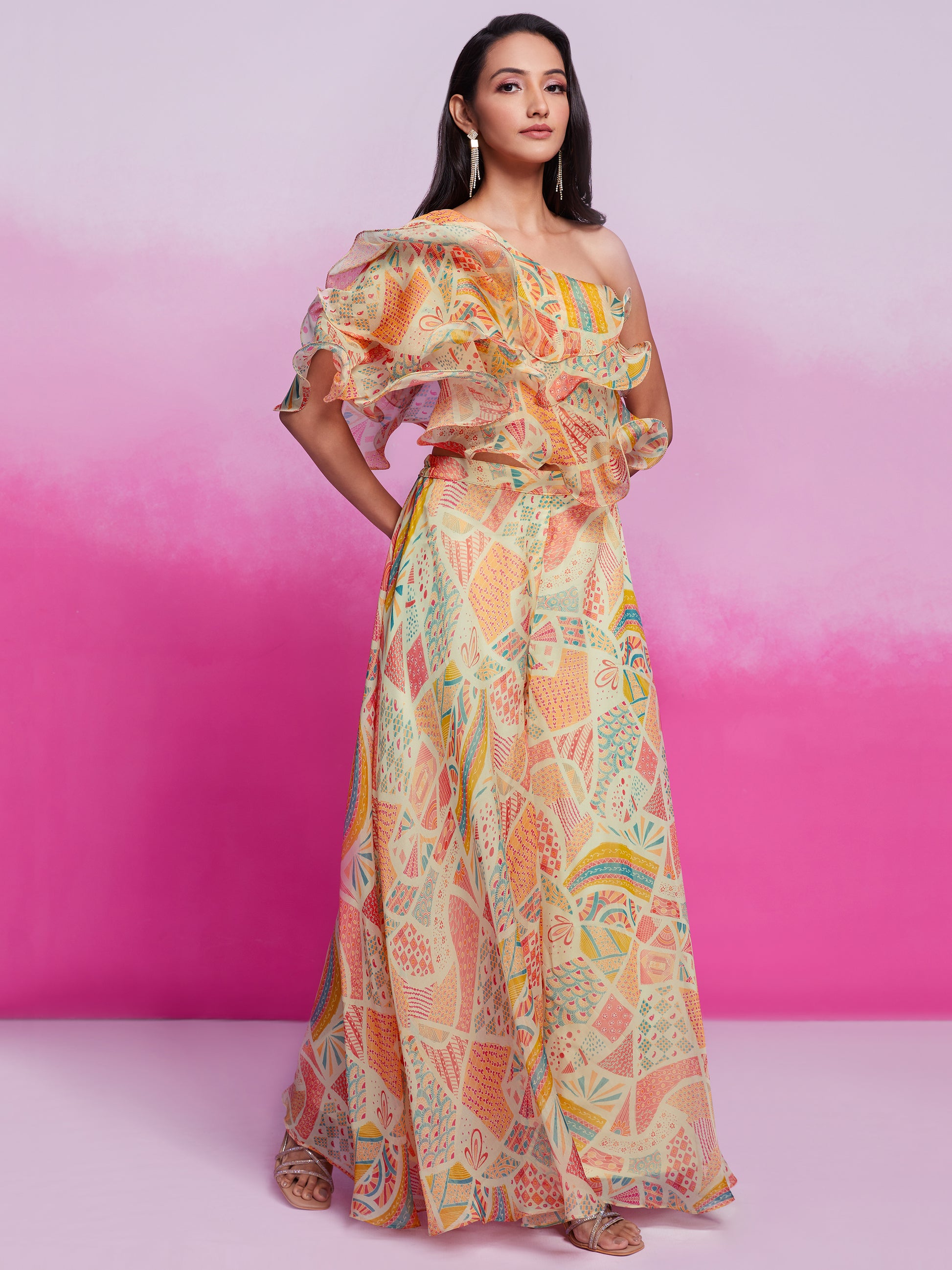 Gorgeous Cream Printed Organza Party Wear Crop Top with Palazzo