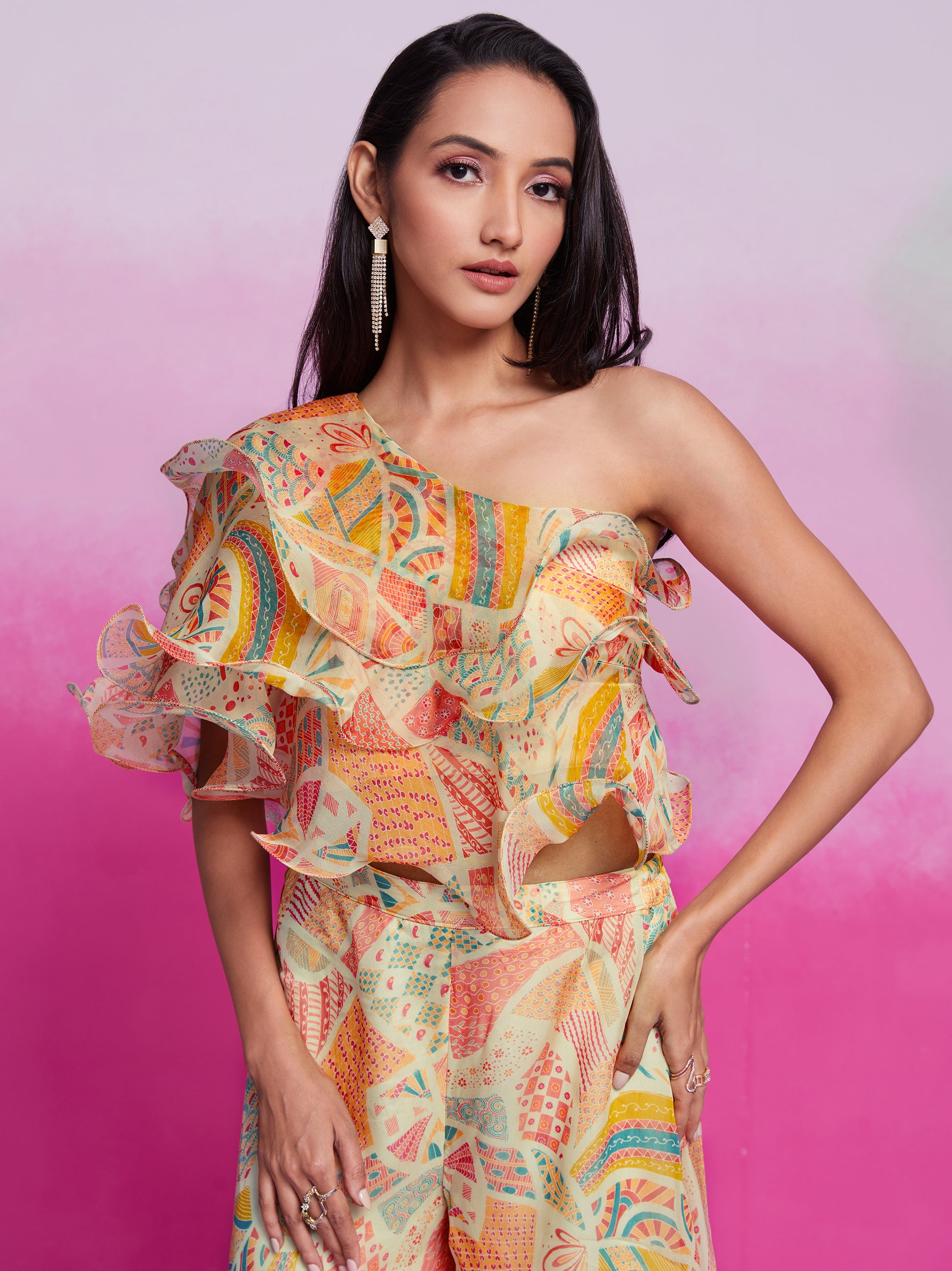Gorgeous Cream Printed Organza Party Wear Crop Top with Palazzo