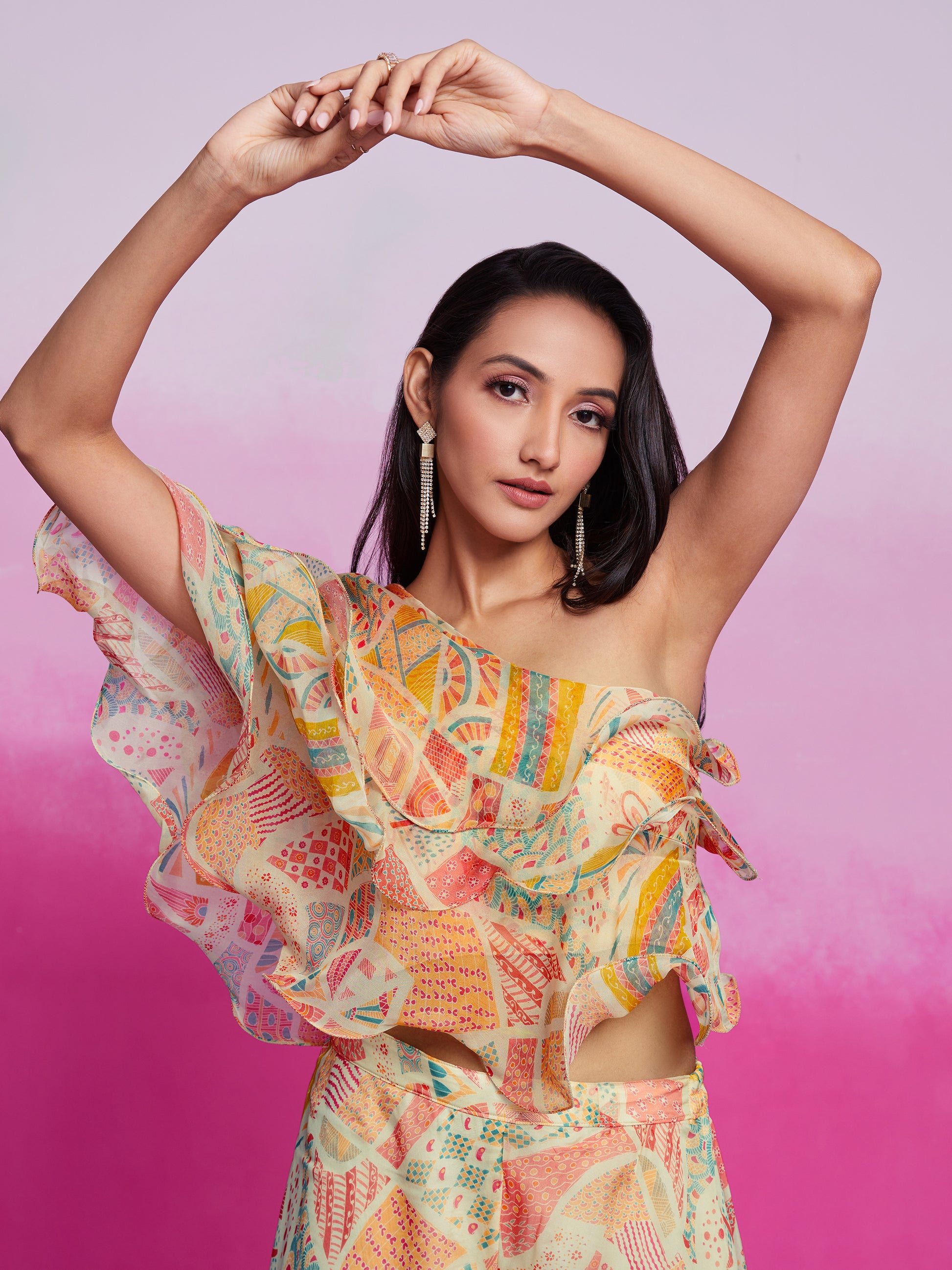 Gorgeous Cream Printed Organza Party Wear Crop Top with Palazzo