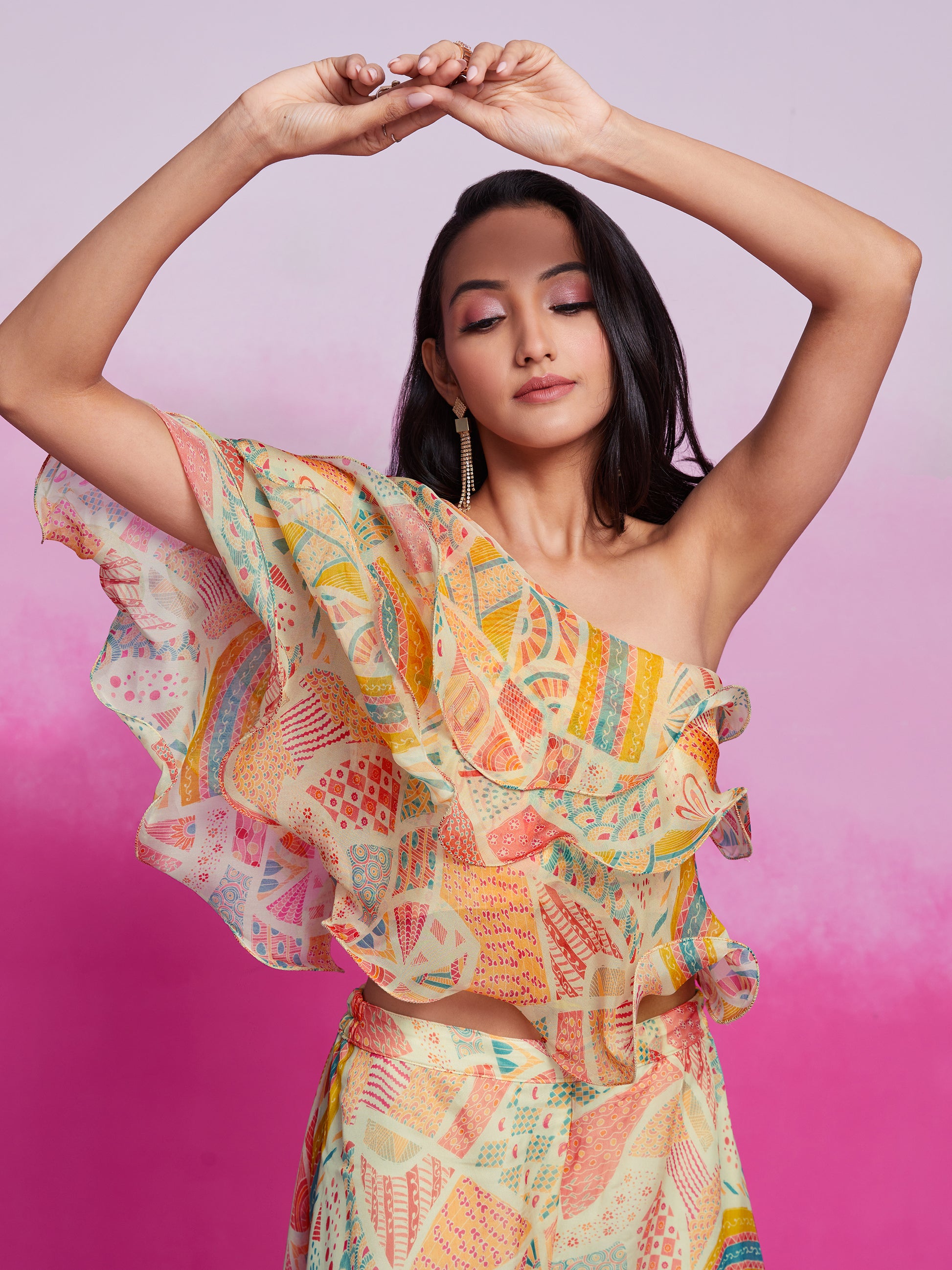 Gorgeous Cream Printed Organza Party Wear Crop Top with Palazzo