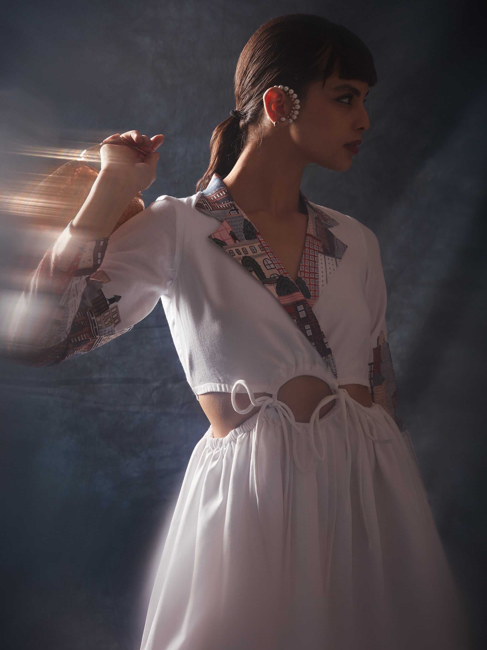 Pretty White Printed Linen Western Wear Long Dress