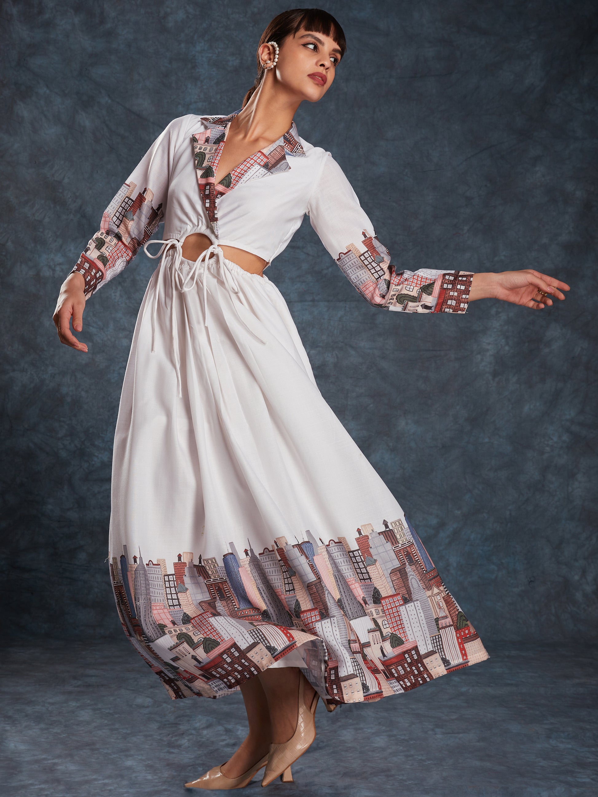 Pretty White Printed Linen Western Wear Long Dress