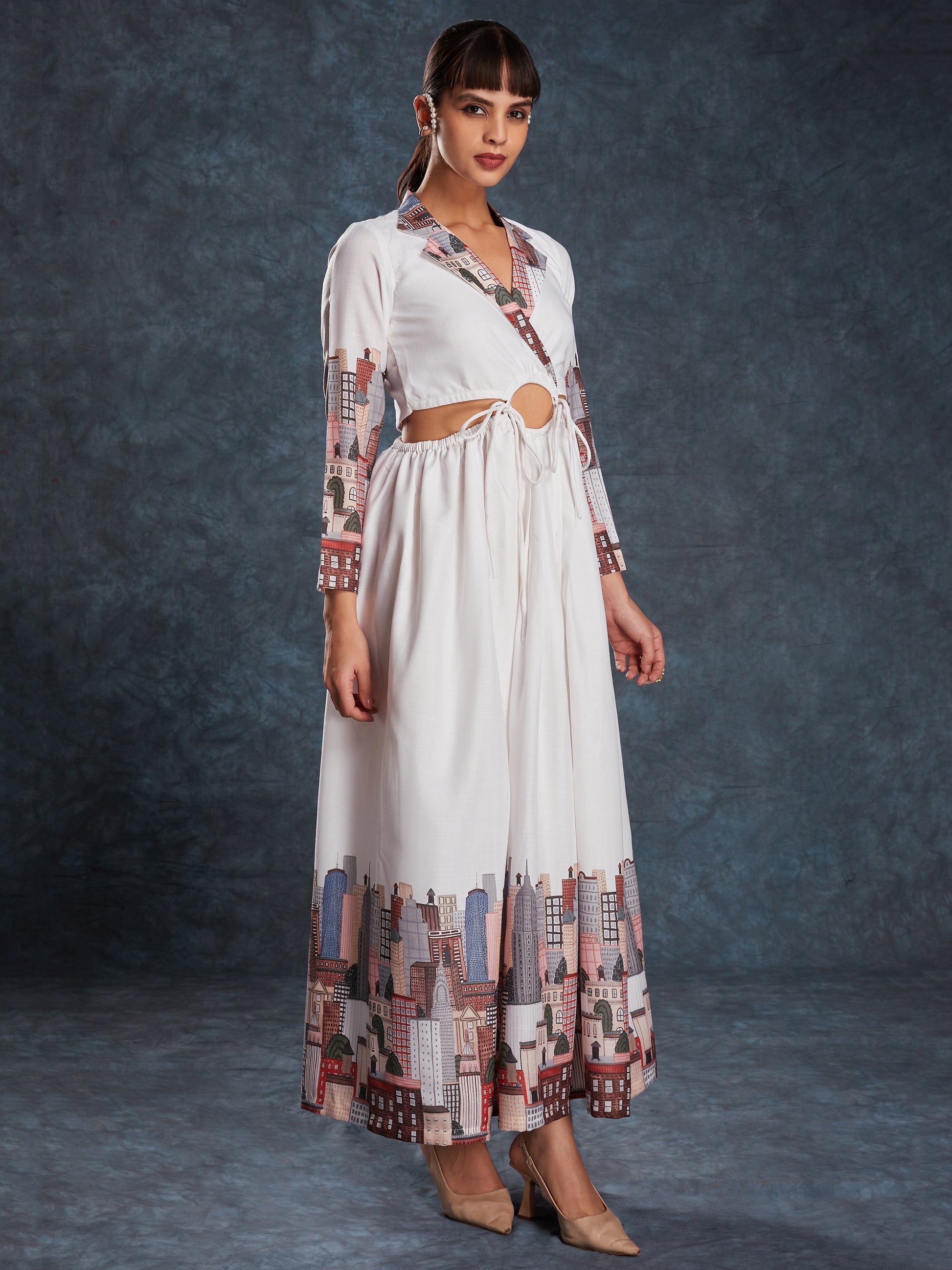 Pretty White Printed Linen Western Wear Long Dress