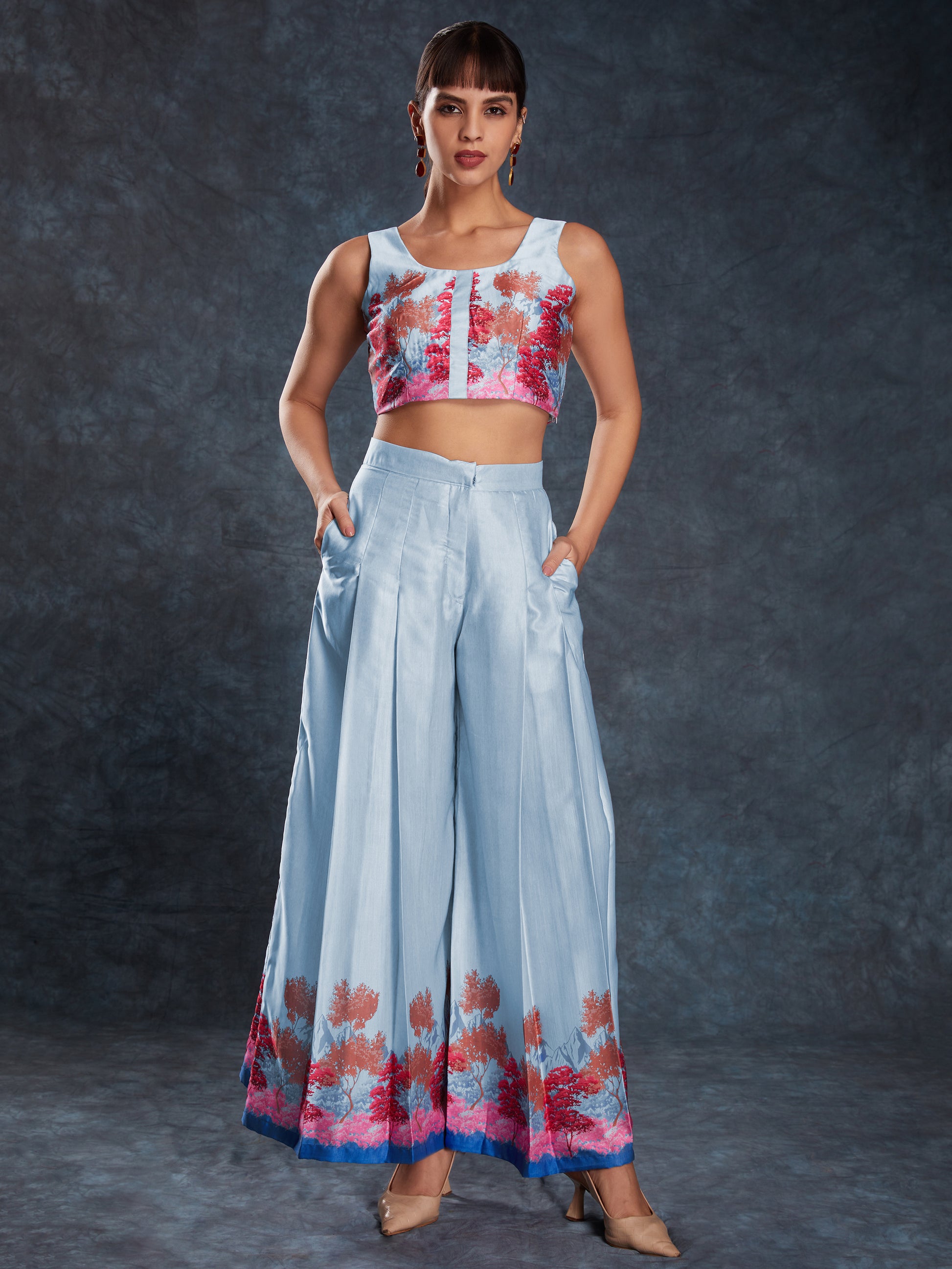 Awesome Sky Blue Digital Printed Linen Western Wear Co-Ord Set