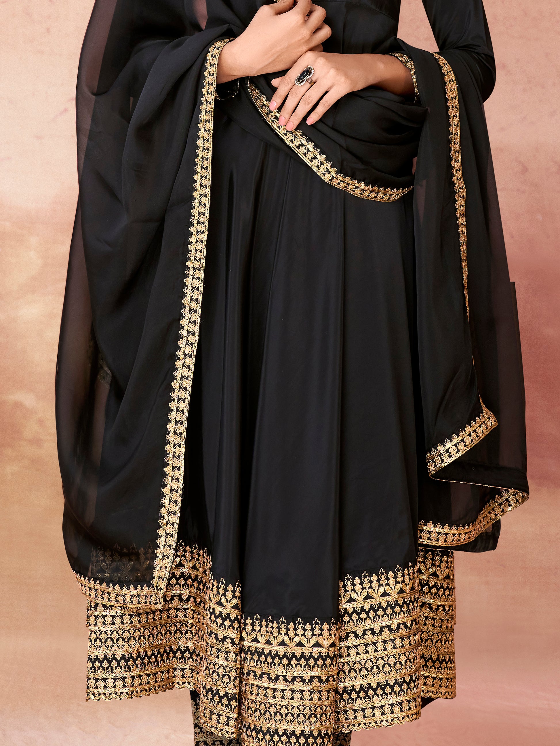 Wonderful Black Heavy Embroidered Border Anarkali Suit With Dupatta
