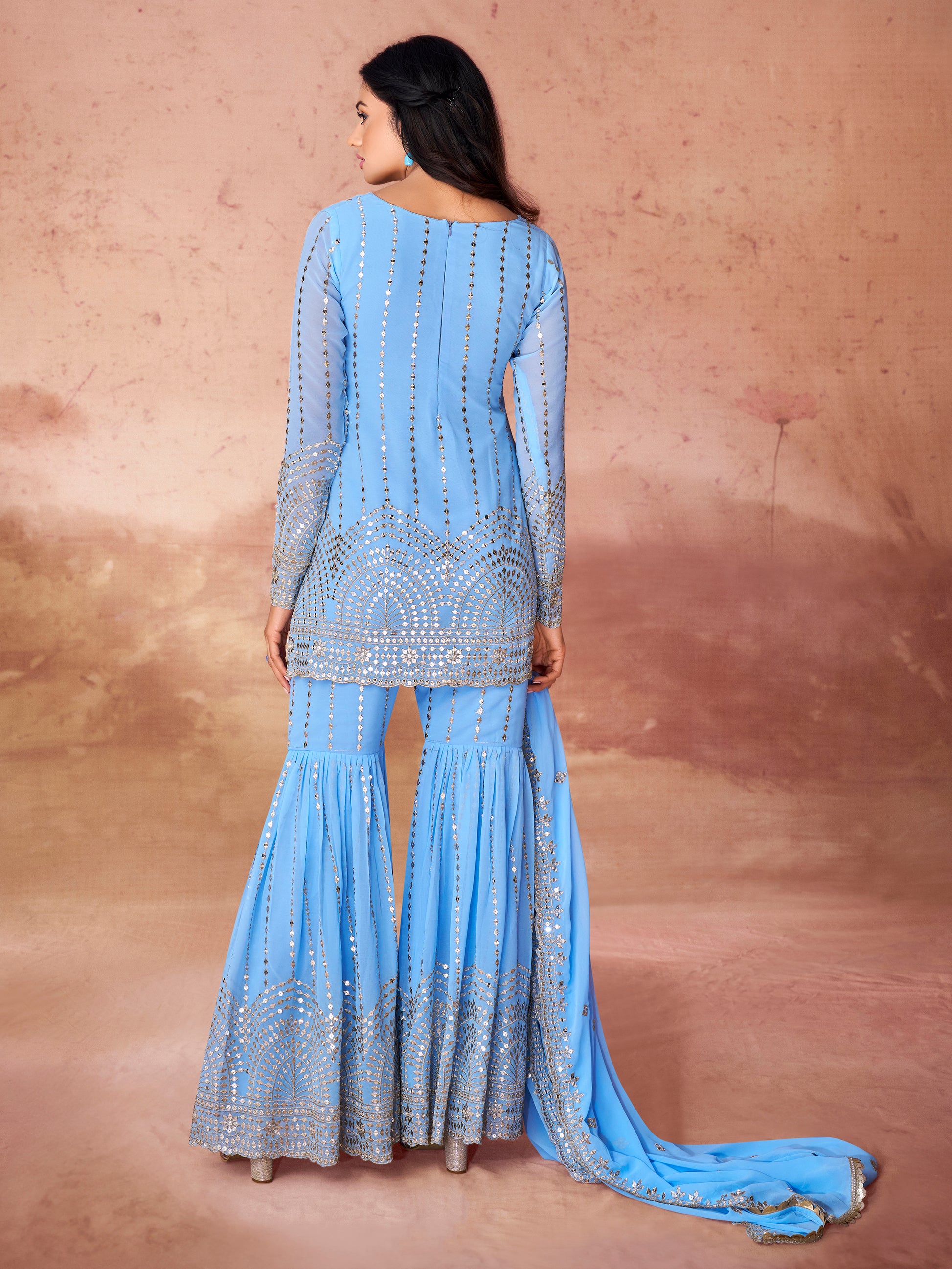 Outstanding Sky-Blue Sequins Georgette Designer Sharara Suit
