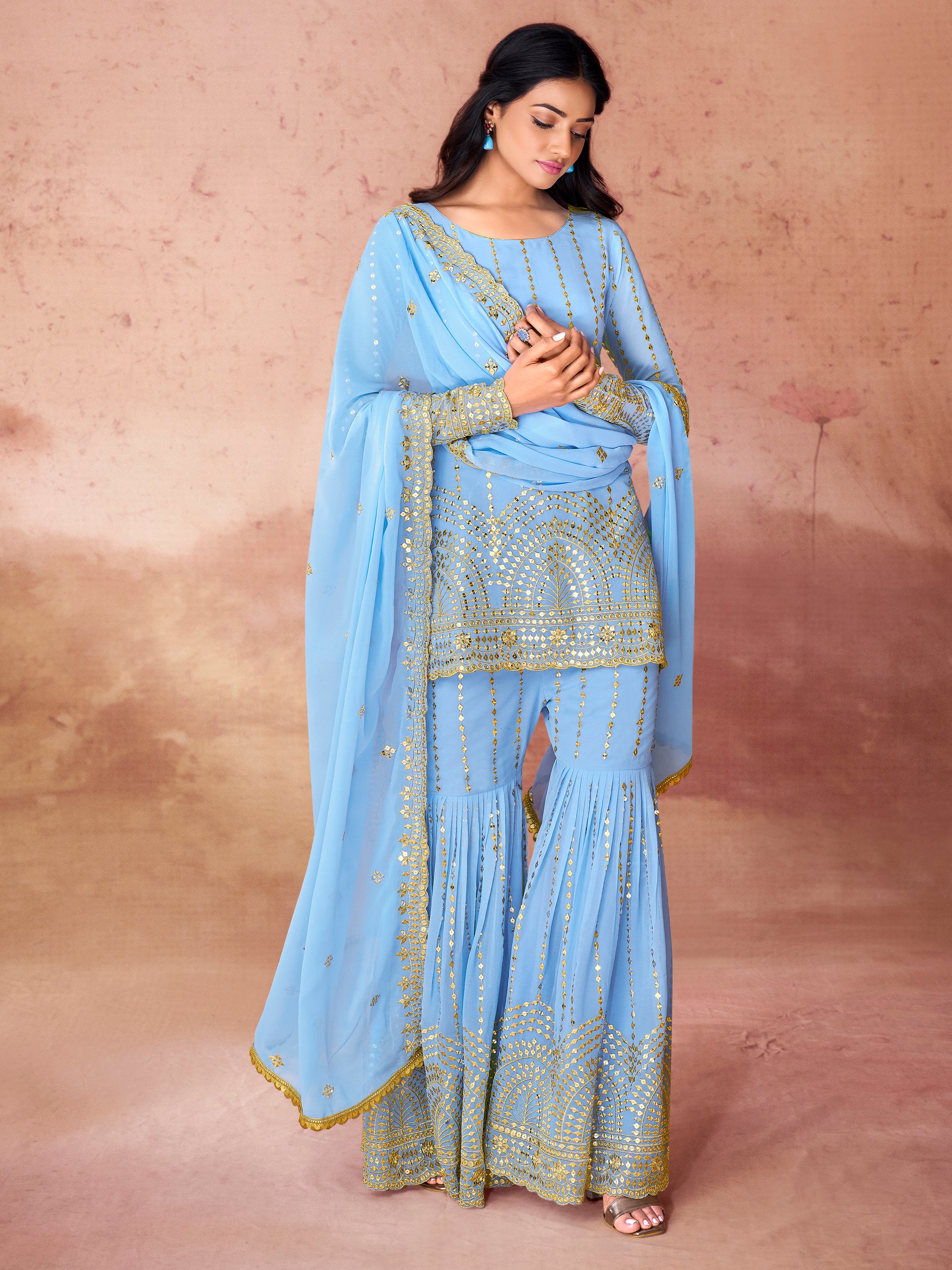 Outstanding Sky-Blue Sequins Georgette Designer Sharara Suit