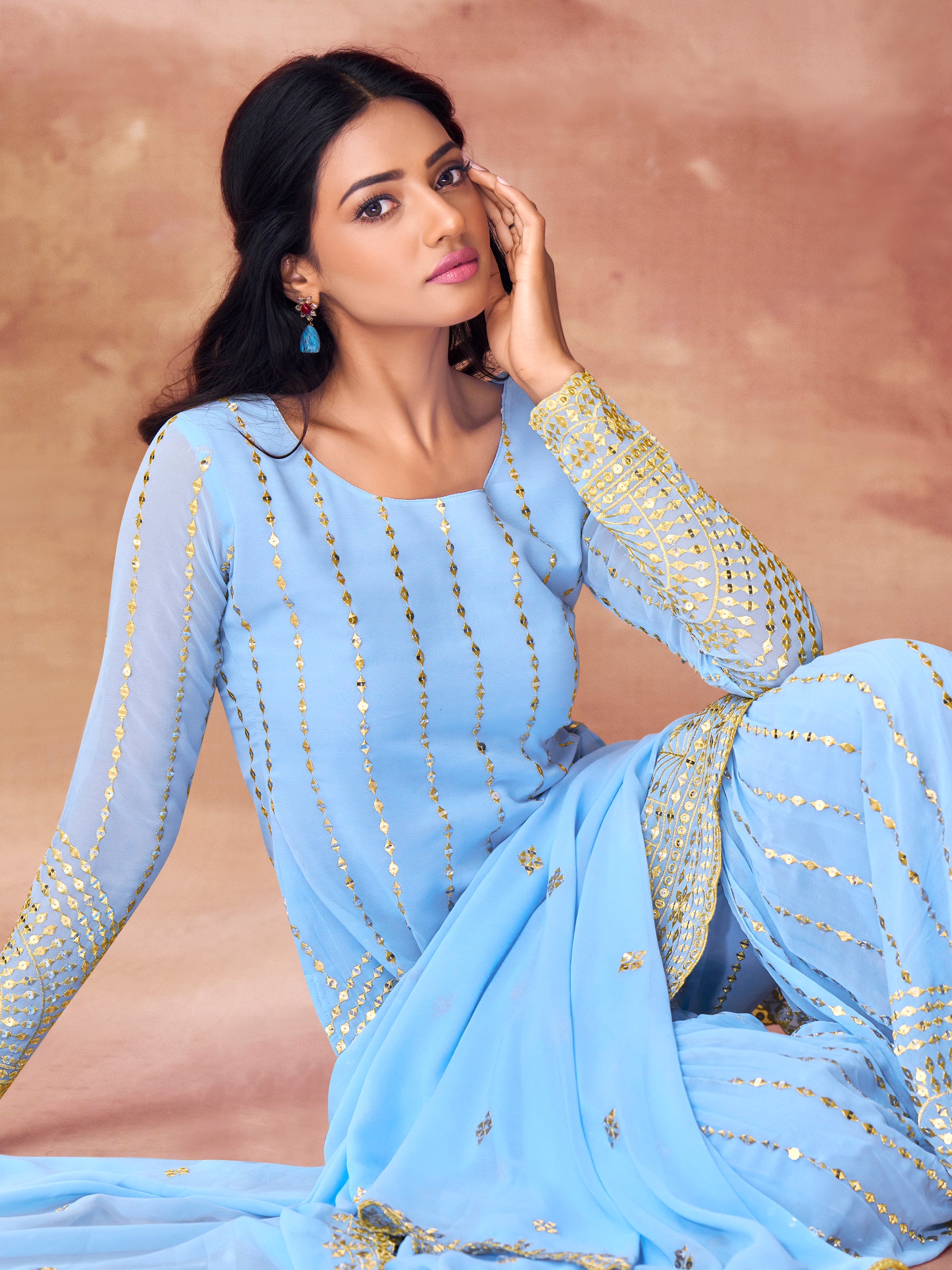 Outstanding Sky-Blue Sequins Georgette Designer Sharara Suit