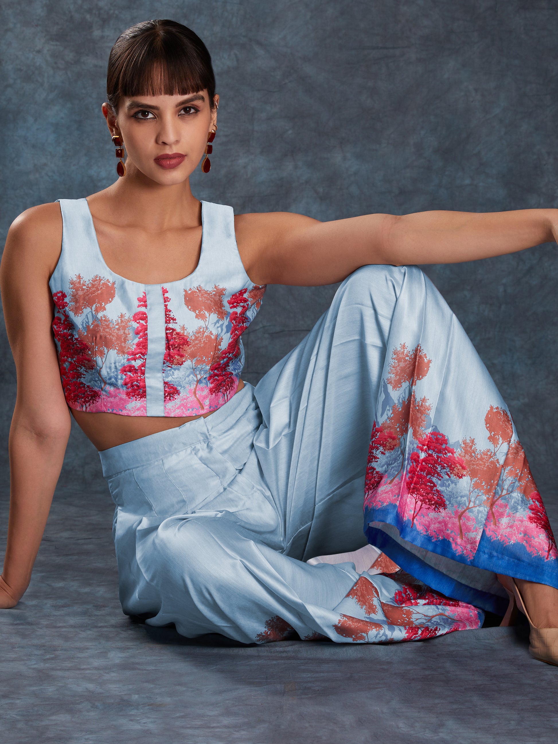 Awesome Sky Blue Digital Printed Linen Western Wear Co-Ord Set