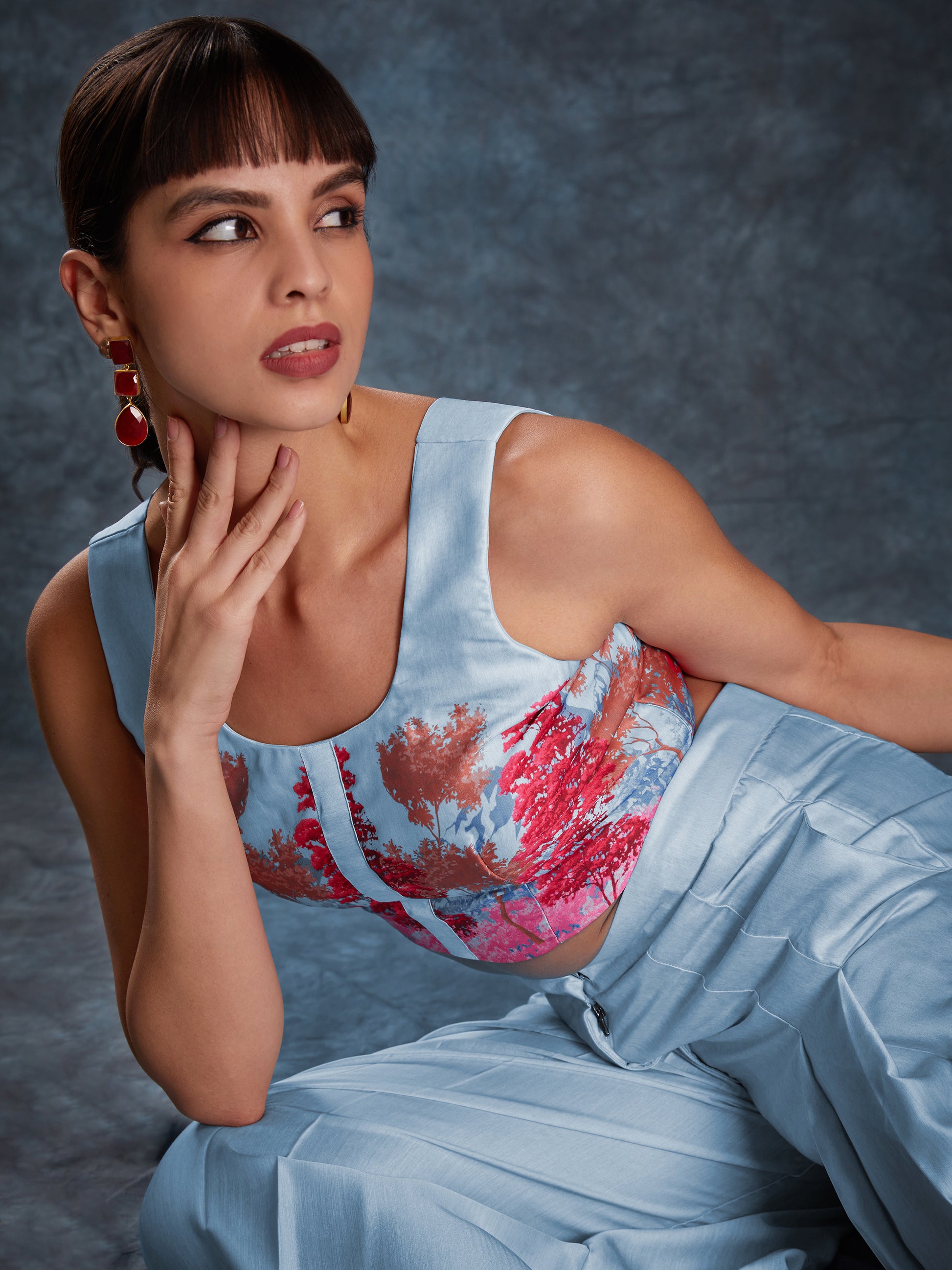 Awesome Sky Blue Digital Printed Linen Western Wear Co-Ord Set
