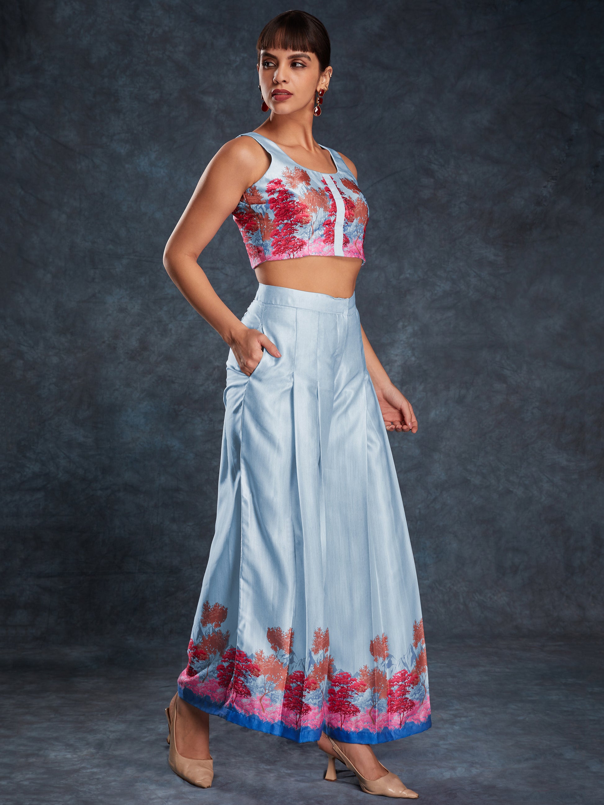 Awesome Sky Blue Digital Printed Linen Western Wear Co-Ord Set