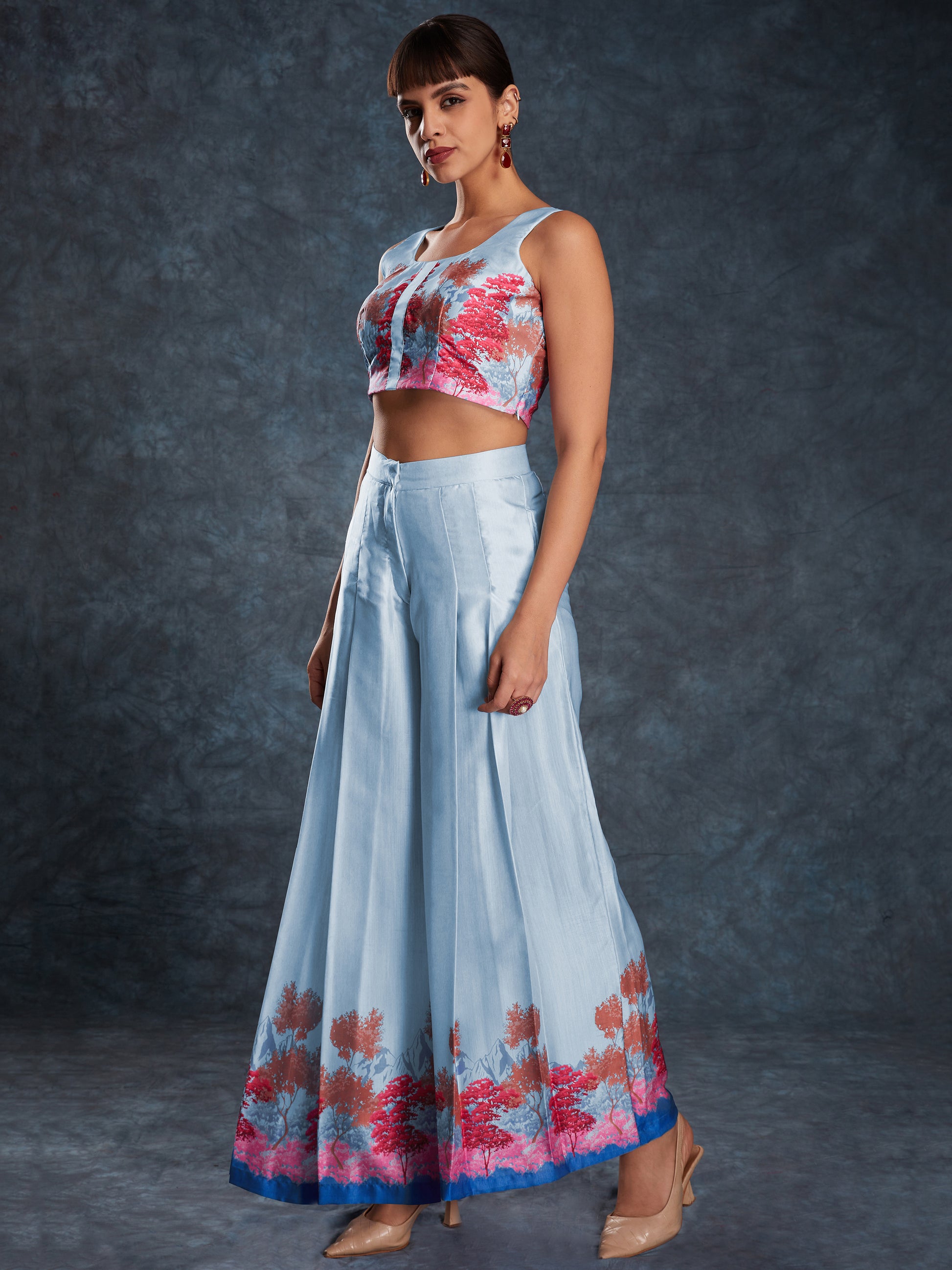 Awesome Sky Blue Digital Printed Linen Western Wear Co-Ord Set