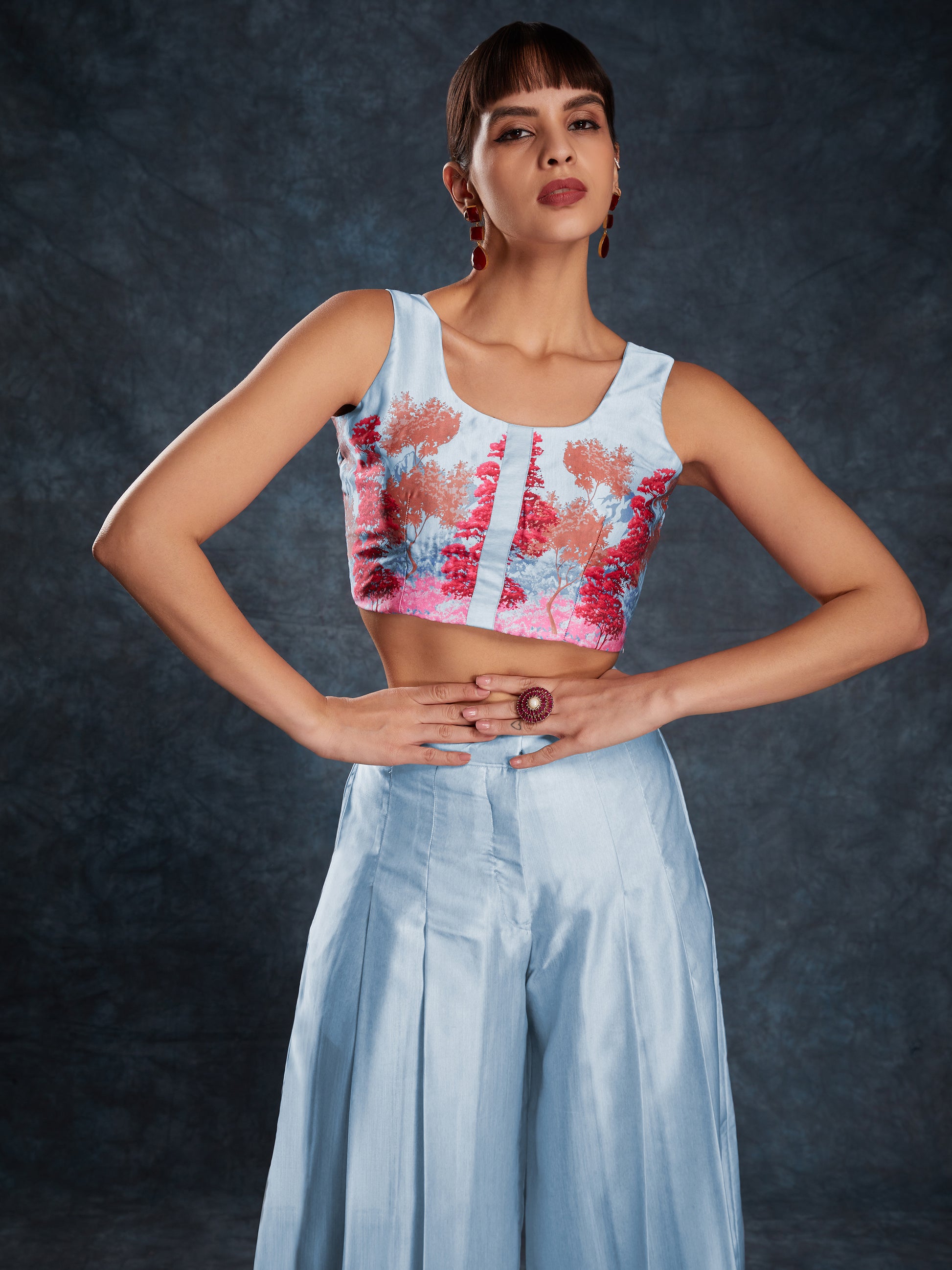 Awesome Sky Blue Digital Printed Linen Western Wear Co-Ord Set