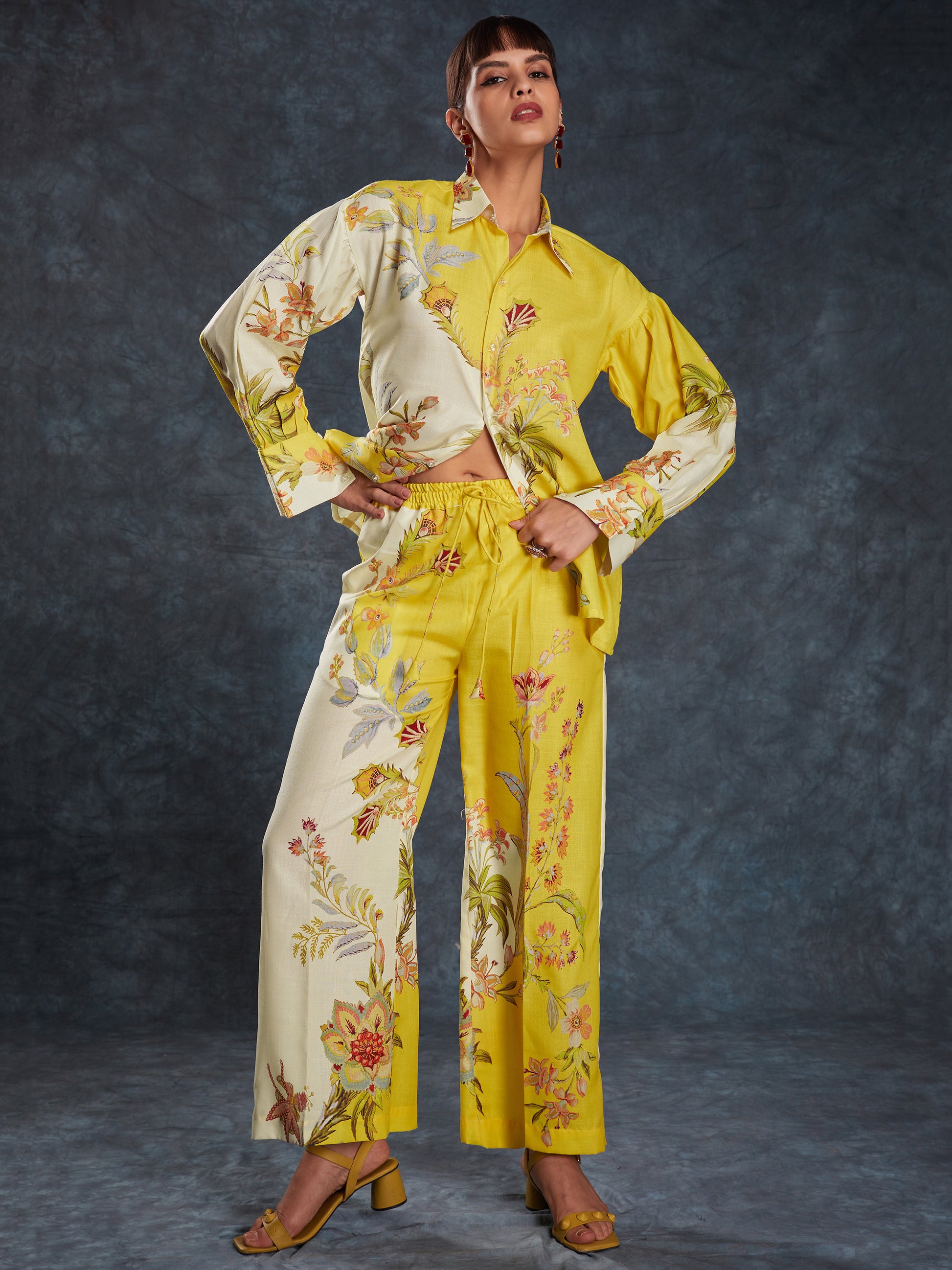Gorgeous Yellow Floral Printed Linen Office Wear Co-Ord Set