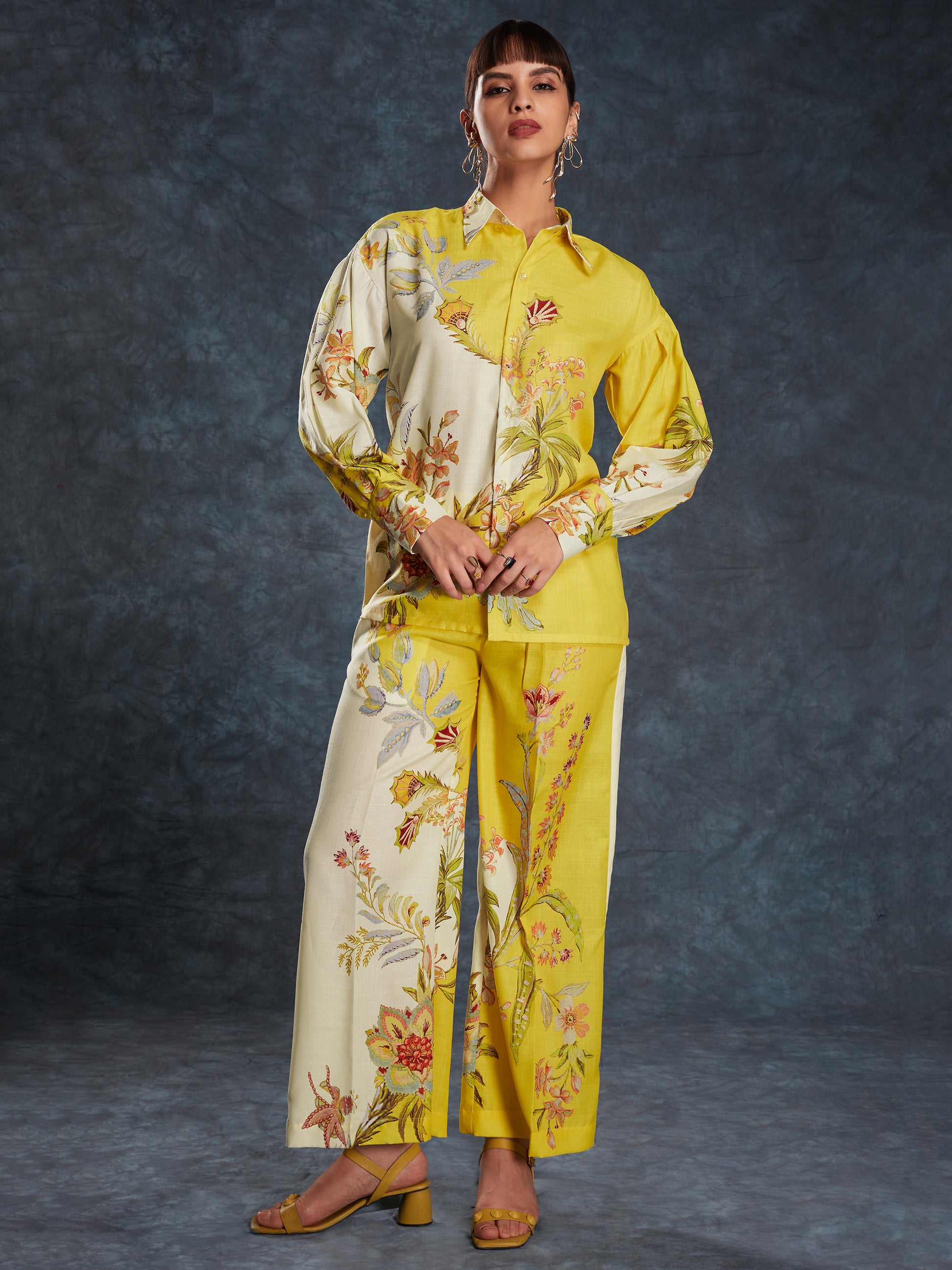 Gorgeous Yellow Floral Printed Linen Office Wear Co-Ord Set