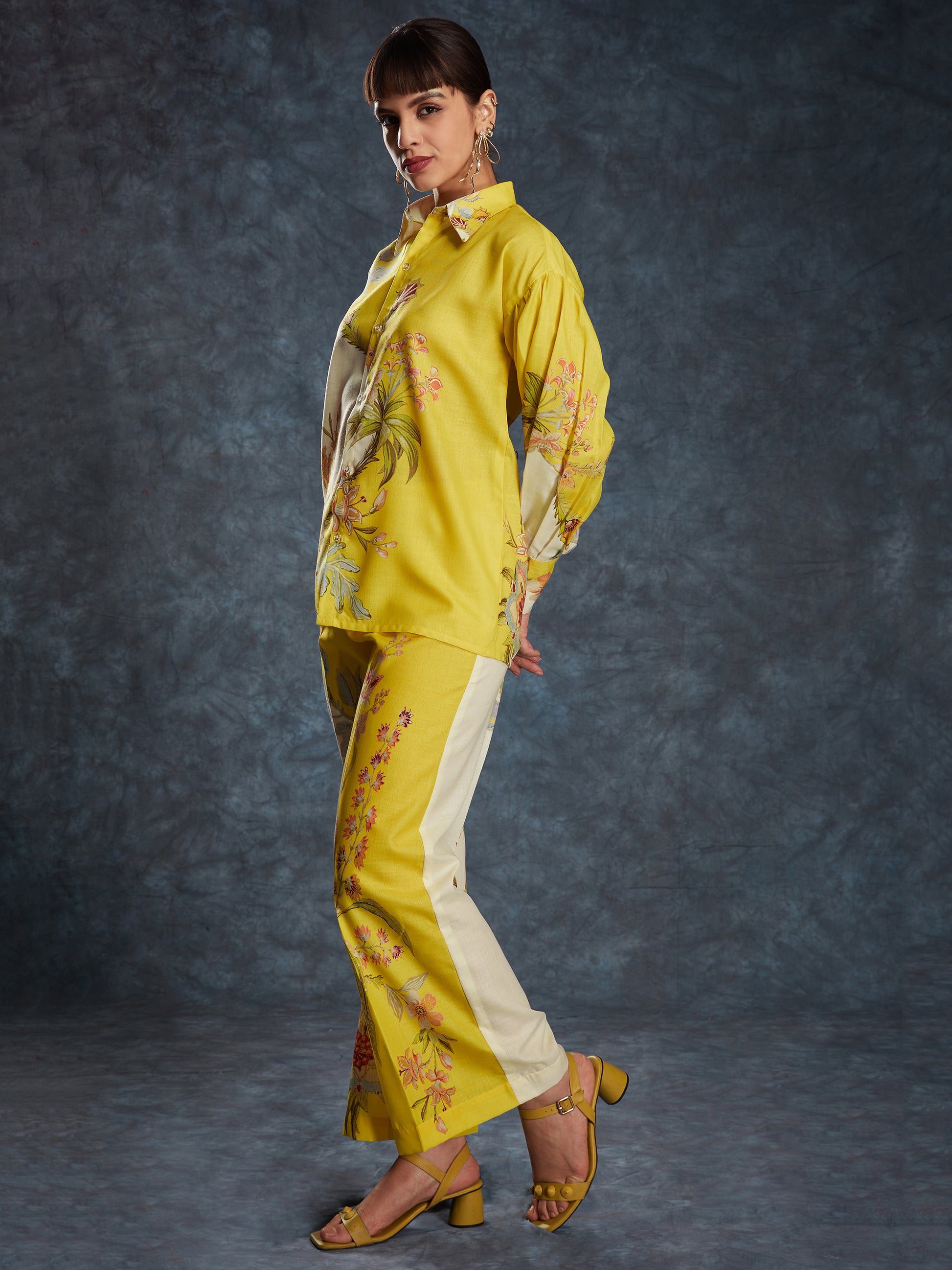 Gorgeous Yellow Floral Printed Linen Office Wear Co-Ord Set