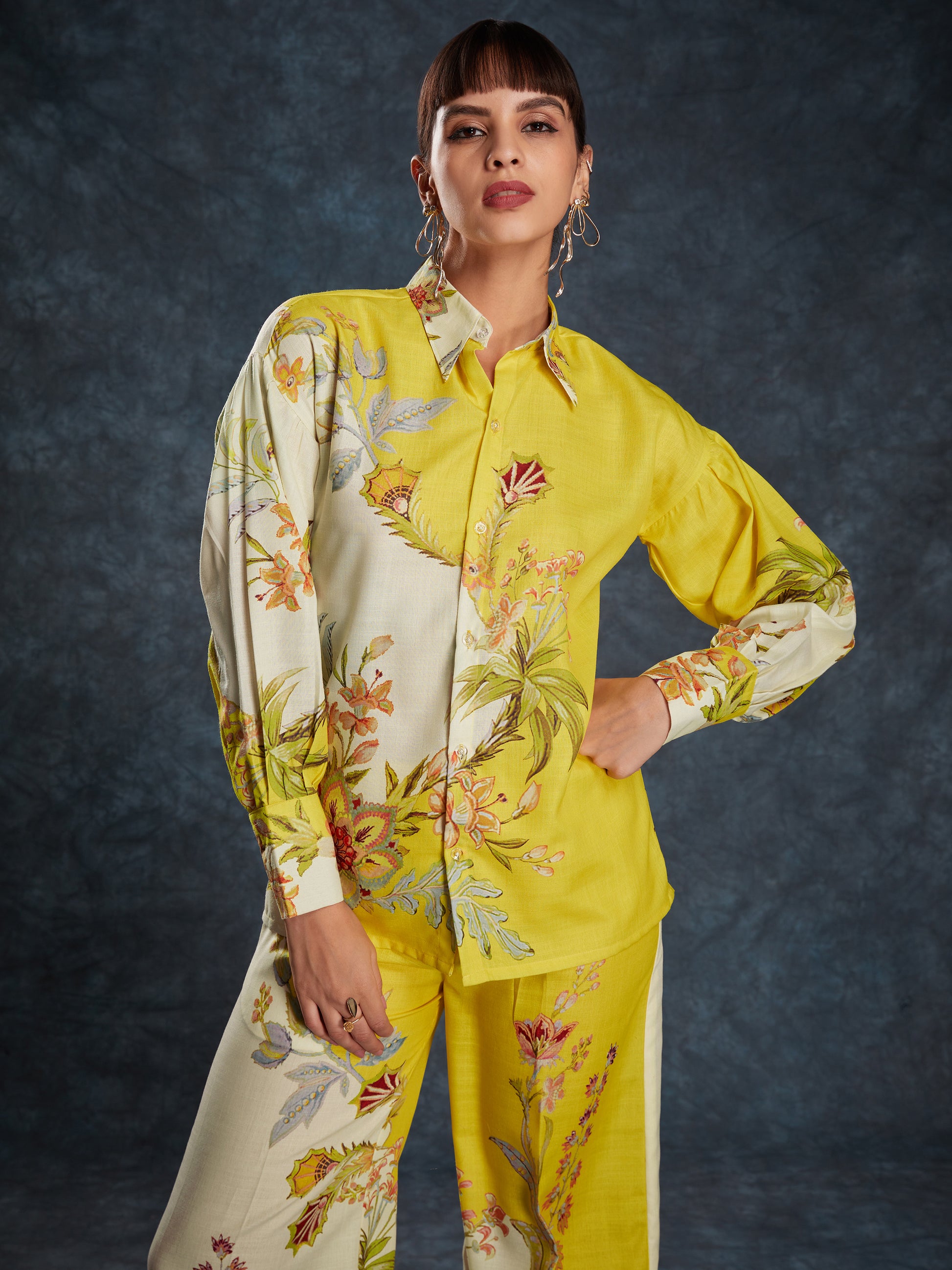 Gorgeous Yellow Floral Printed Linen Office Wear Co-Ord Set