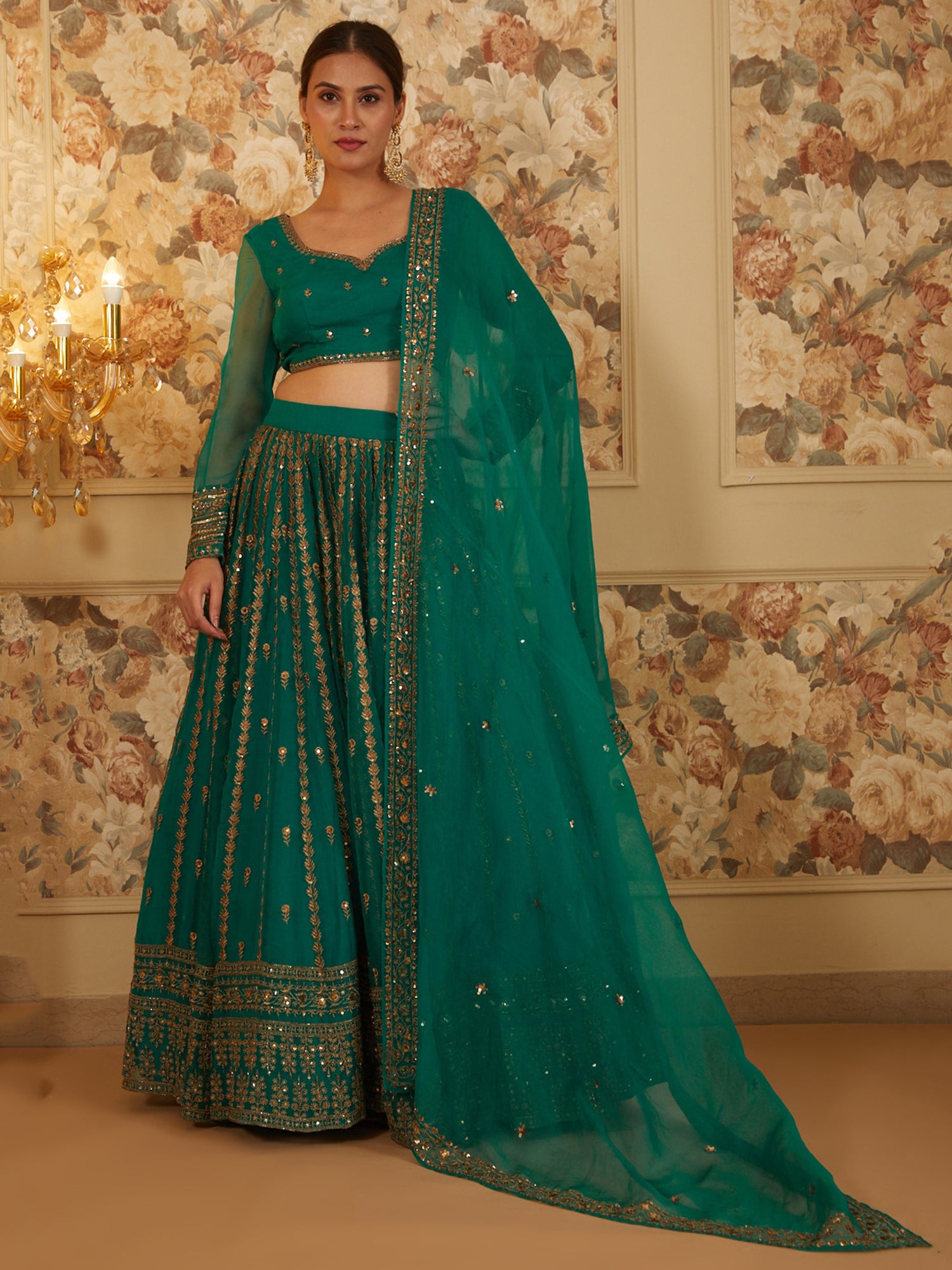 Stunning Green Sequins Work Organza Festive Wear Lehenga Choli