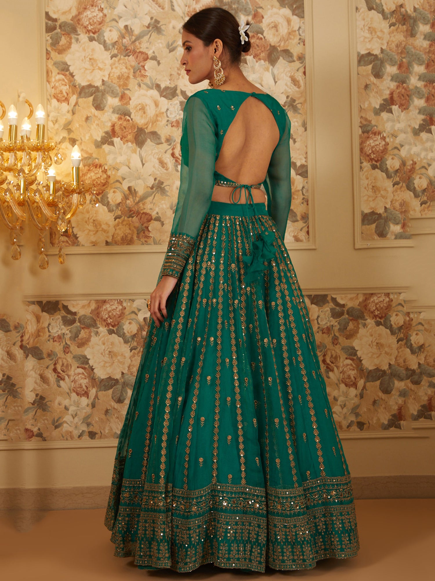 Stunning Green Sequins Work Organza Festive Wear Lehenga Choli