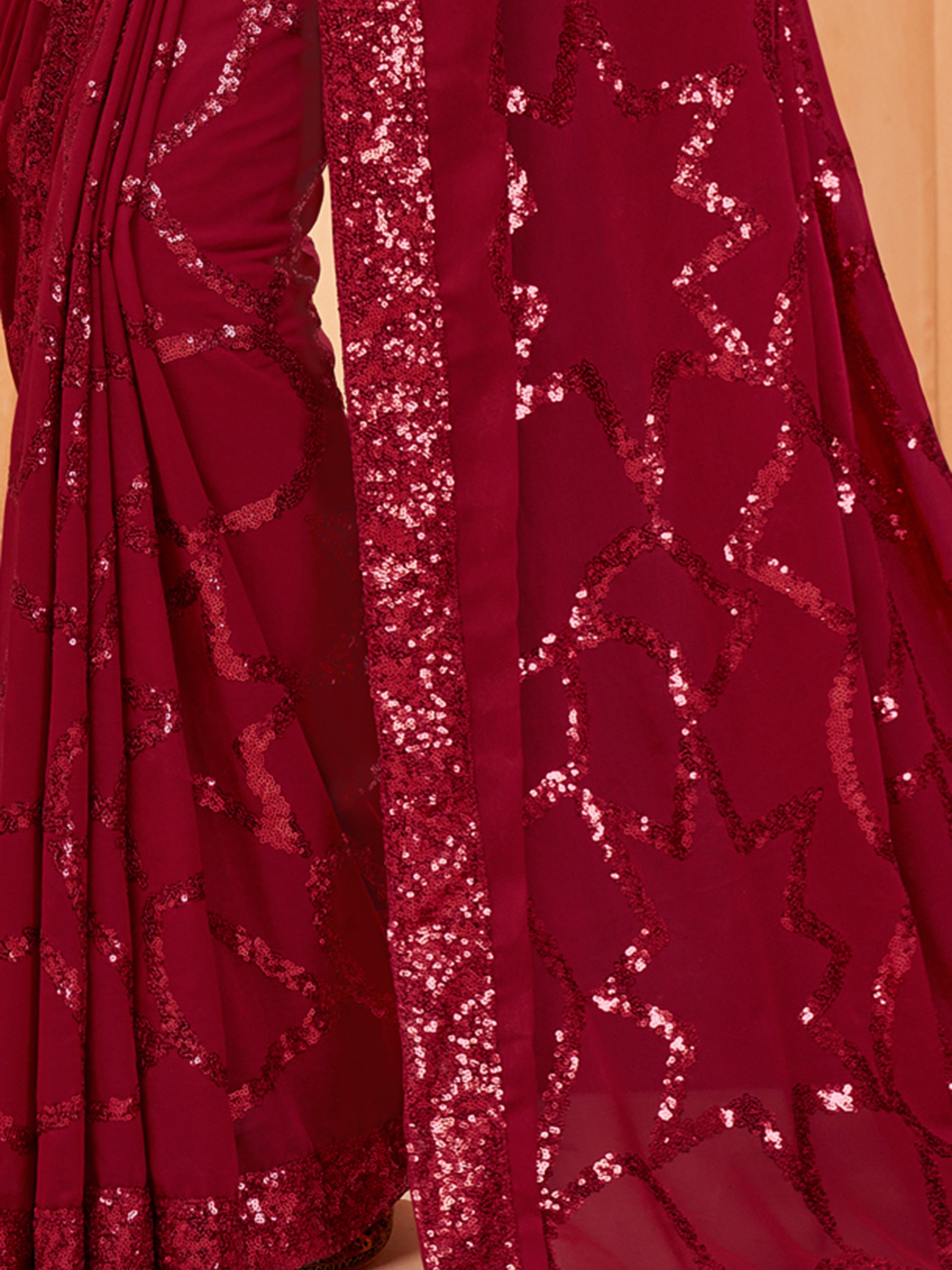Stunning Maroon Sequins Georgette Party Wear Saree With Blouse