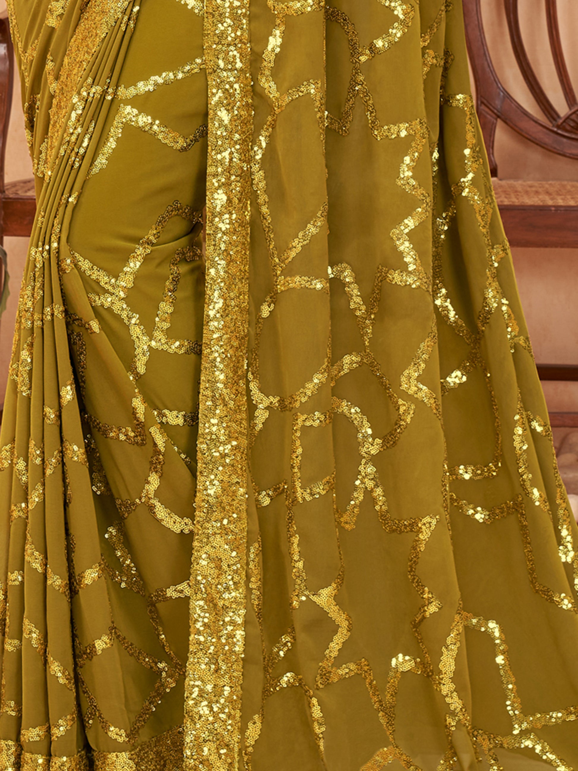 Marvelous Olive Green Sequins Georgette Mehendi Wear Saree